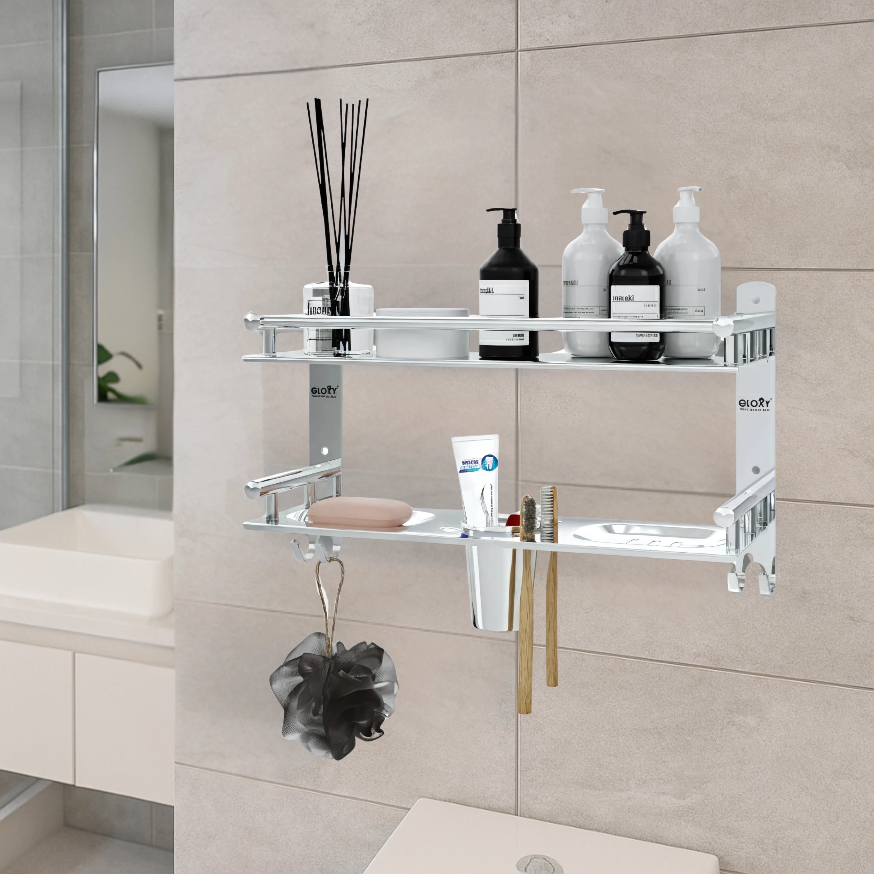 Gloxy Stainless Steel 2-Layer Chrome Finish Bathroom Shelf with Soap Dish,Tumbler Holder,Hooks