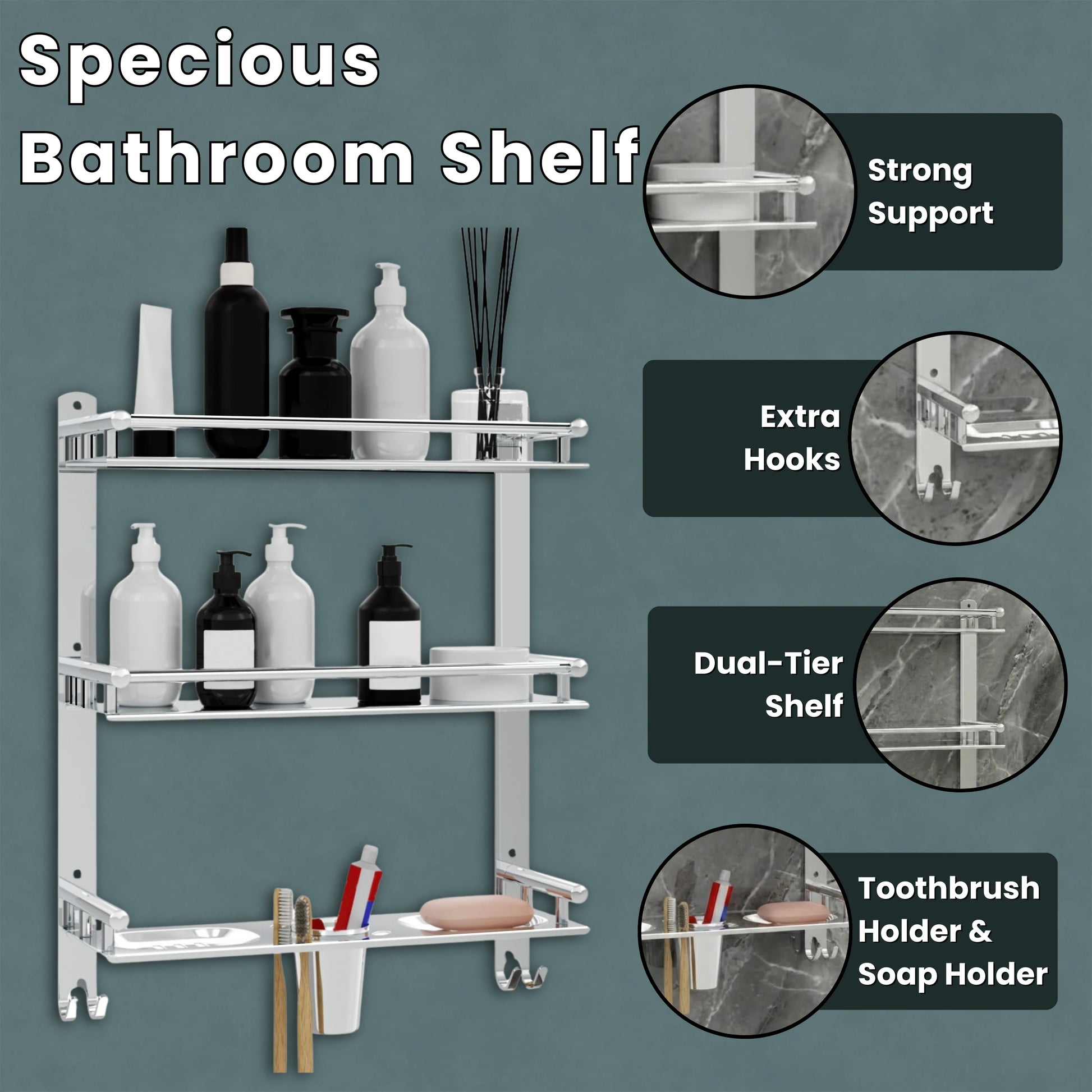 Gloxy Stainless Steel 3-Layer Chrome Finish Bathroom Shelf with Double Soap Dish,Toothbrush Holder & Hooks