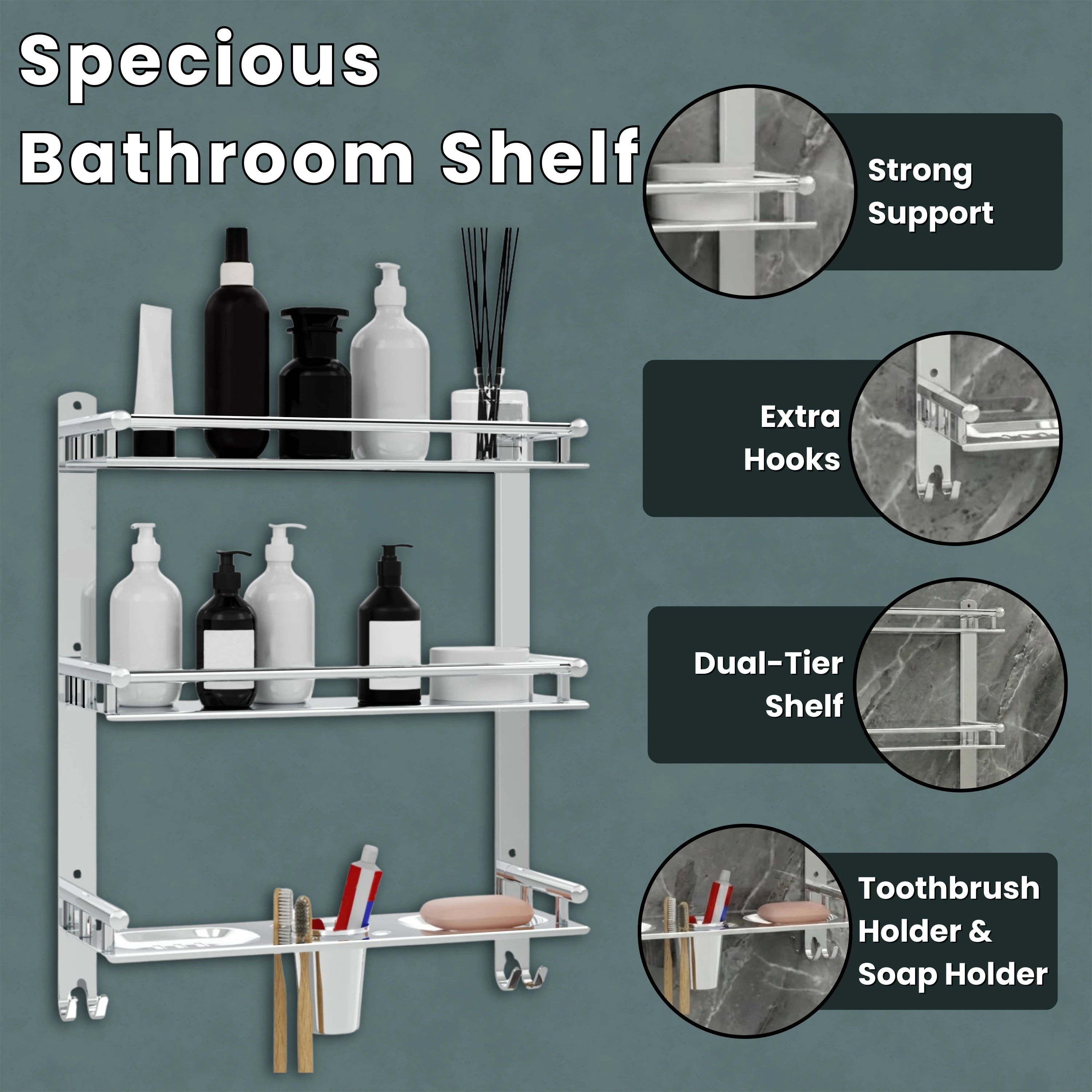 Gloxy Stainless Steel 3-Layer Chrome Finish Bathroom Shelf with Double Soap Dish,Toothbrush Holder & Hooks