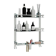 Gloxy Stainless Steel 3-Layer Chrome Finish Bathroom Shelf with Double Soap Dish,Toothbrush Holder & Hooks