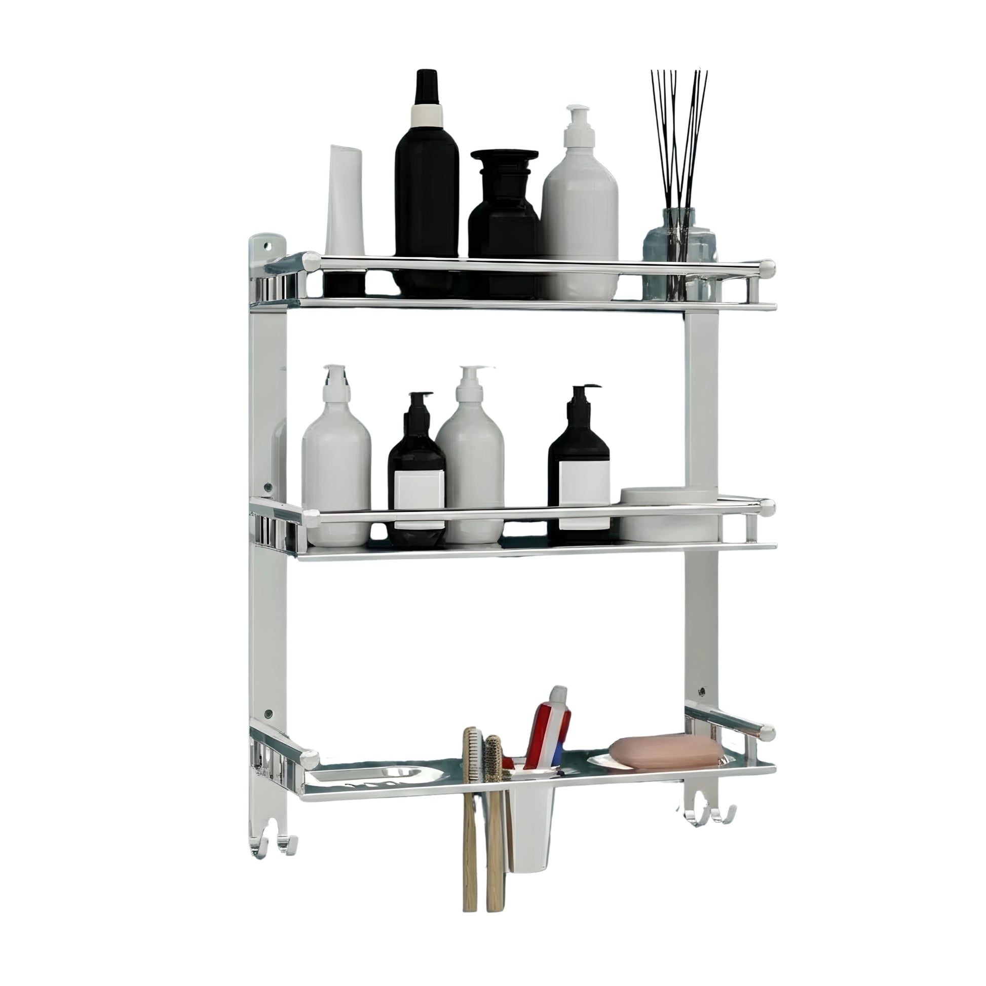 Gloxy Stainless Steel 3-Layer Chrome Finish Bathroom Shelf with Double Soap Dish,Toothbrush Holder & Hooks