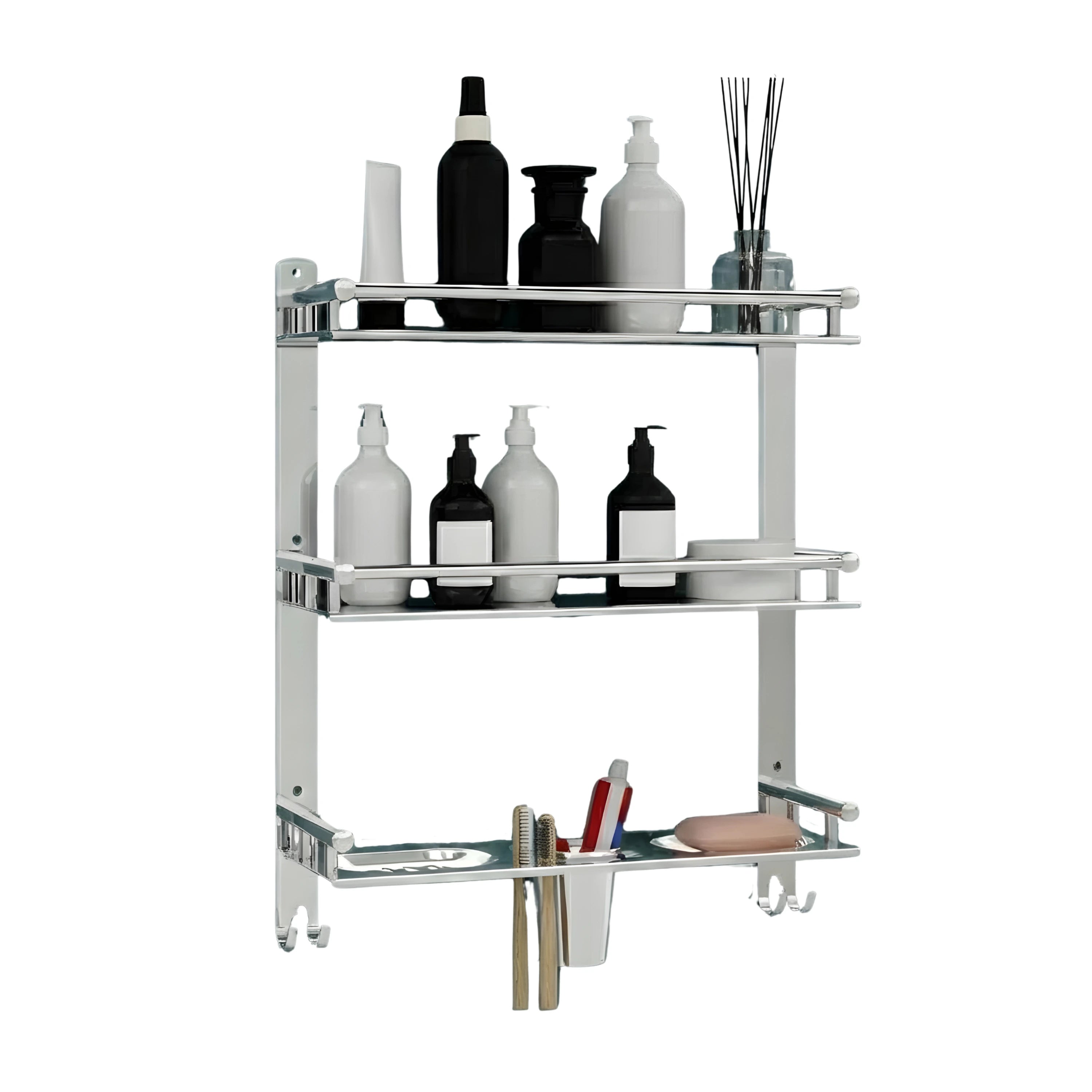 Bathroom shelf with various toiletries on a white background