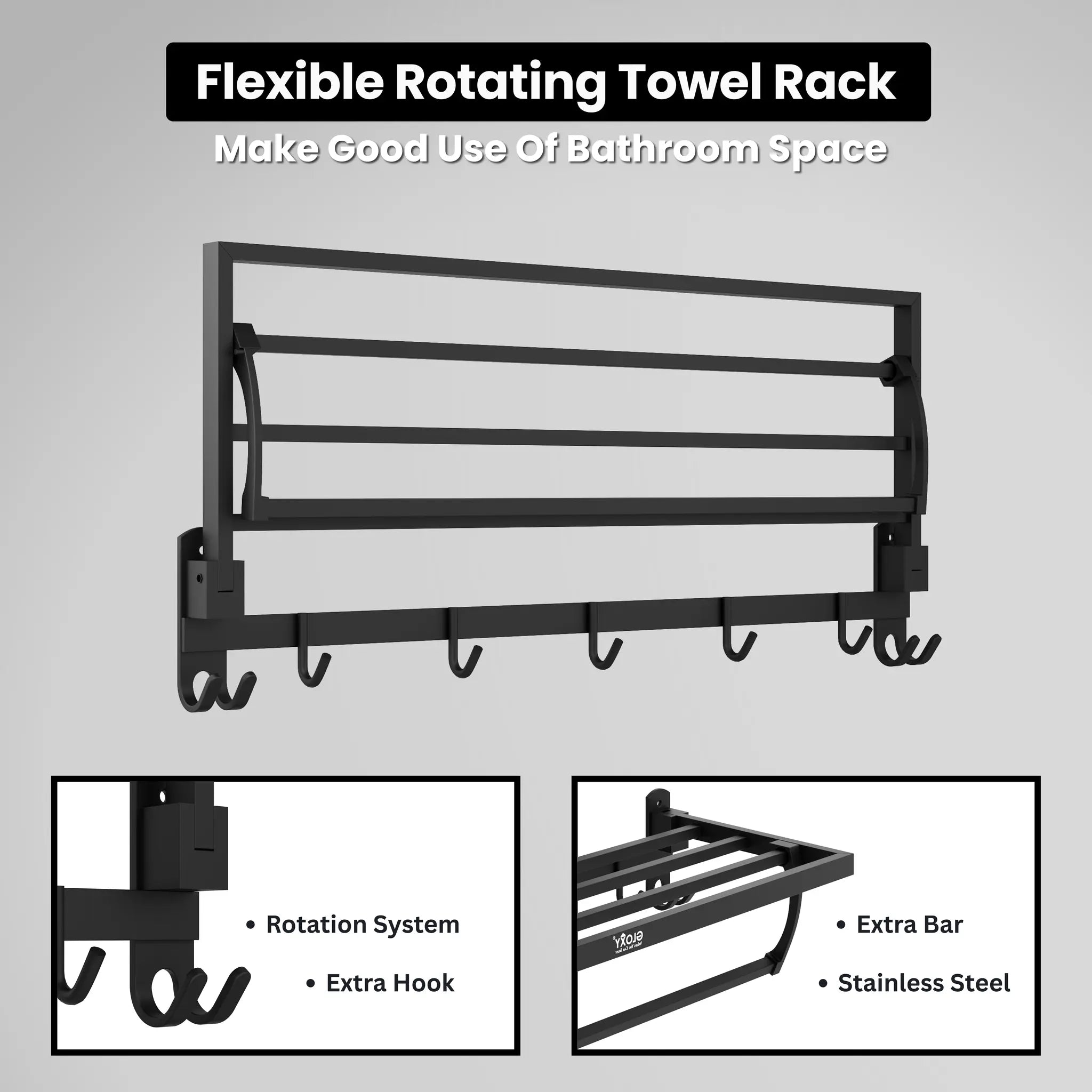 Gloxy Stainless Steel Black Finsih Folding Bar Bath Towel Rack with Hook-24 Inch