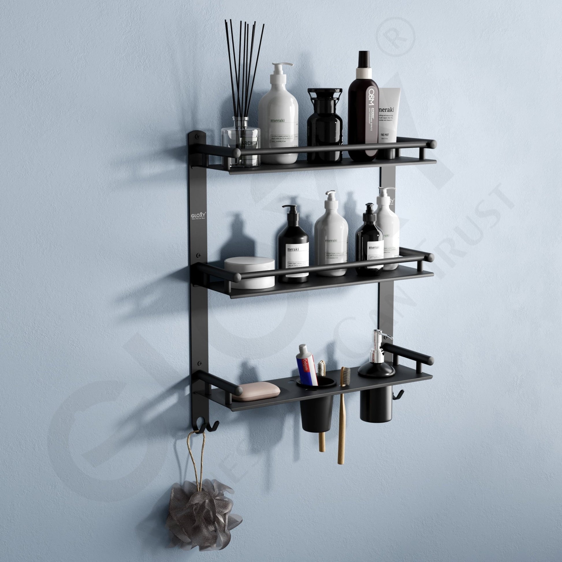 Gloxy Stainless Steel 3-Layer Chrome Finish Bathroom Shelf With Soap Dish,Liquid Dispenser,Tumbler Holder & Hooks