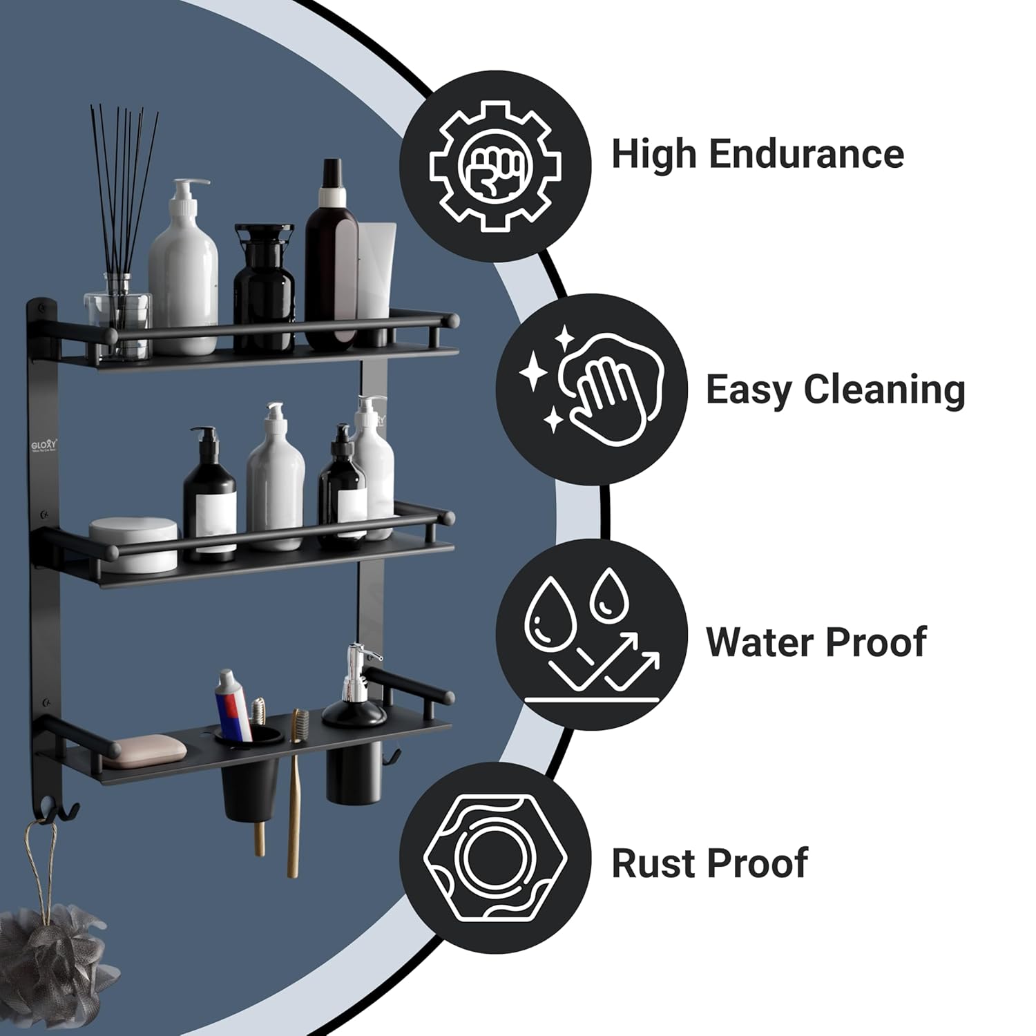 Gloxy Stainless Steel 3-Layer Chrome Finish Bathroom Shelf With Soap Dish,Liquid Dispenser,Tumbler Holder & Hooks