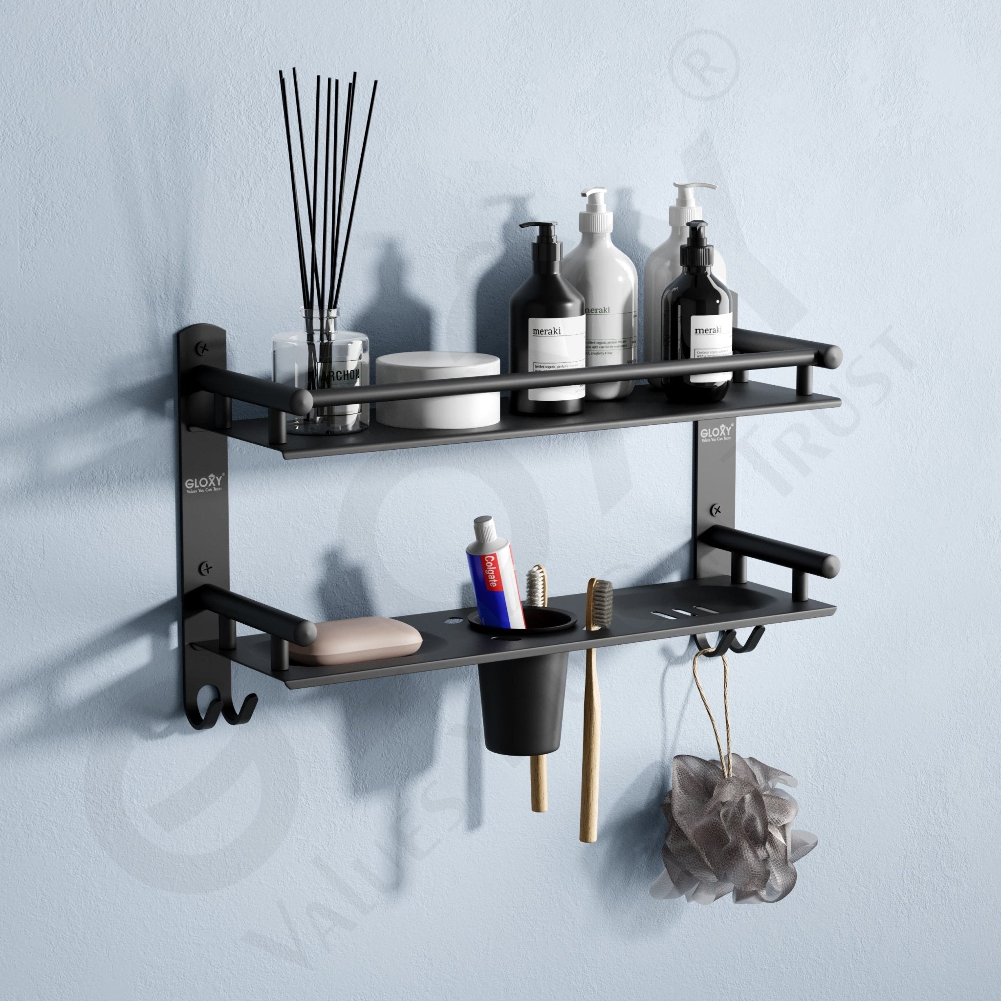 Gloxy Stainless Steel 2-Layer Black Finish Bathroom Shelf with Soap Dish,Tumbler Holder & Hooks