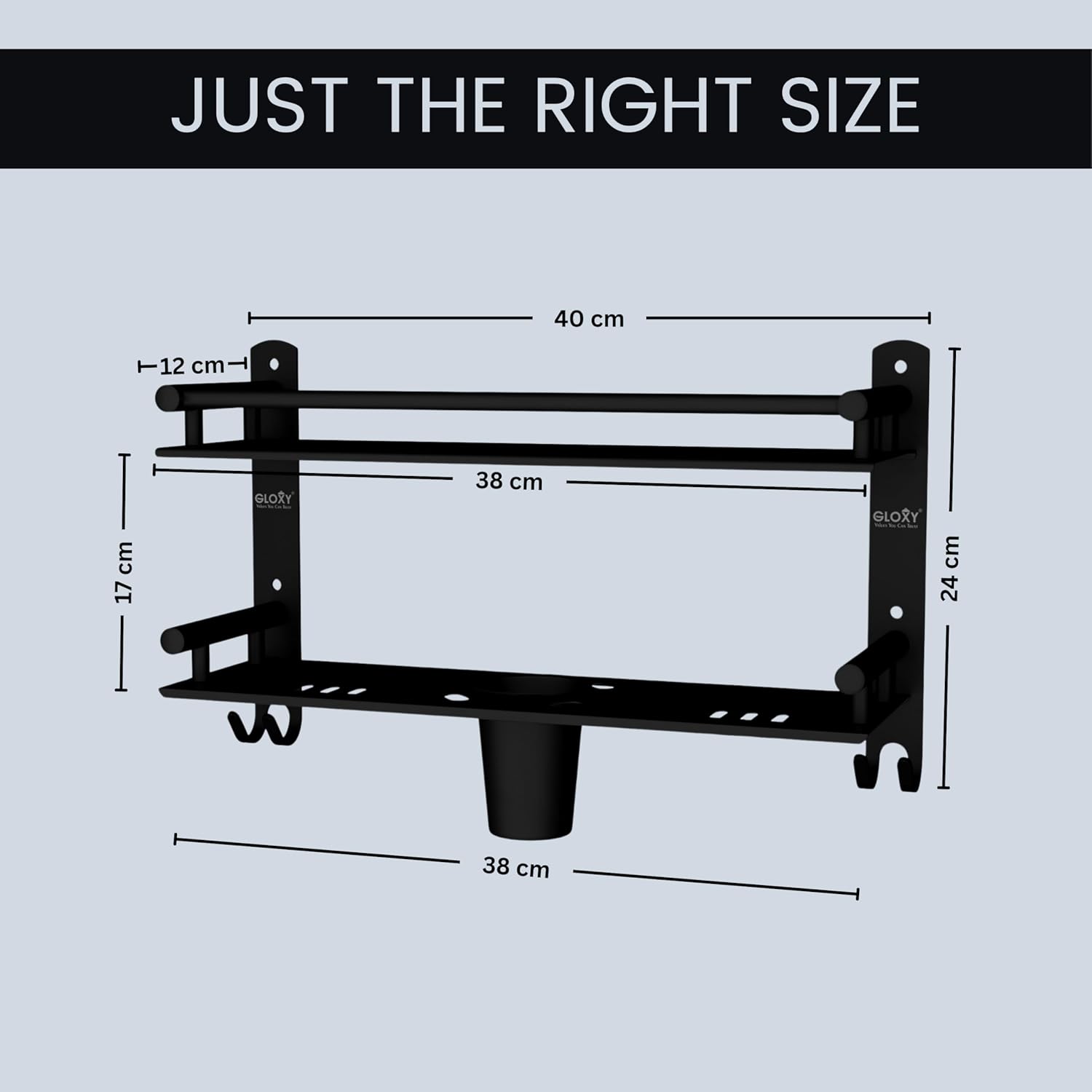 Gloxy Stainless Steel 2-Layer Black Finish Bathroom Shelf with Soap Dish,Tumbler Holder & Hooks