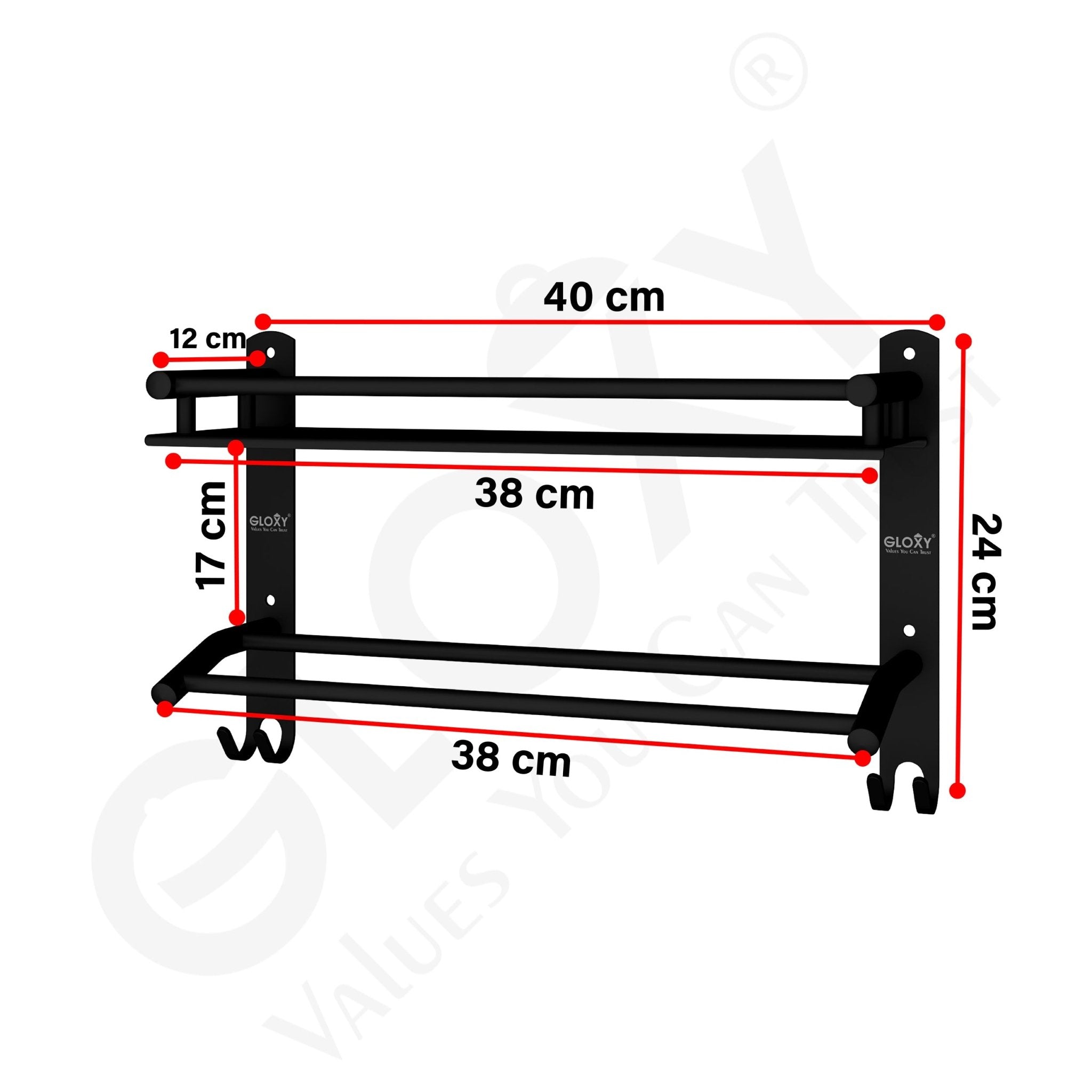 Gloxy Stainless Steel 1-Layer Black Finish Bathroom Shelf with Towel Rod
