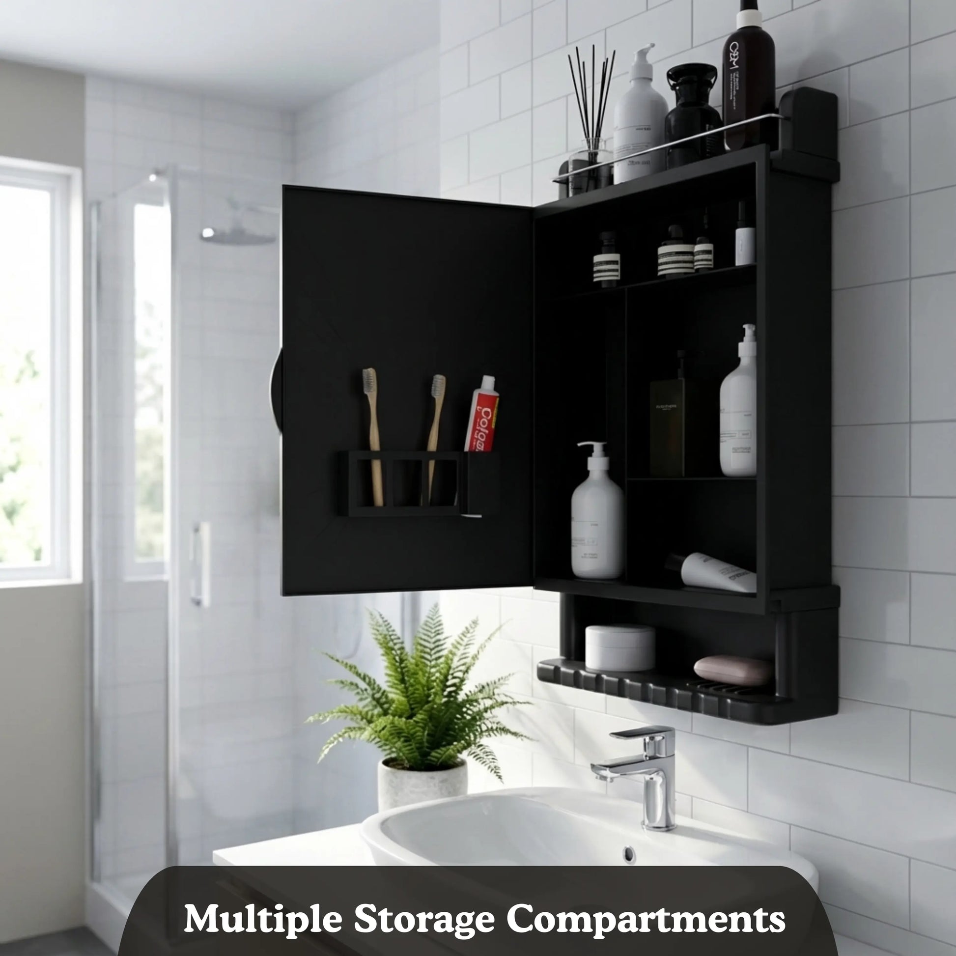 Gloxy Unbreakable Wall-Mounted Plastic Bathroom Cabinet with Mirror– Black