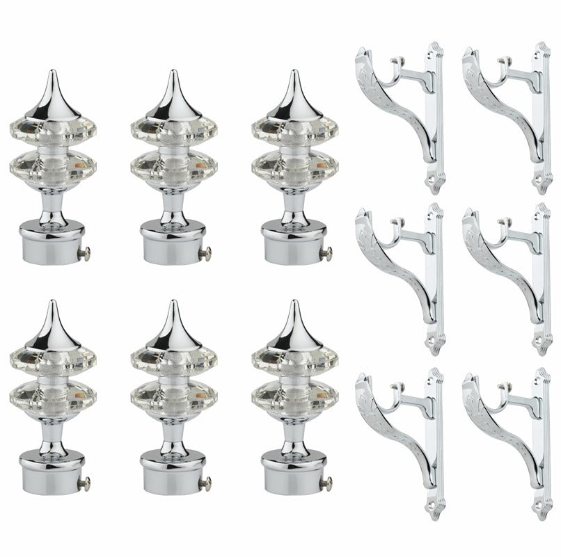 Gloxy Double Diamond Aluminium Curtain Rod Finials with Support– Silver 3 Pair