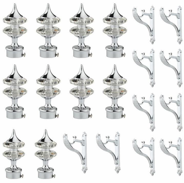 Gloxy Double Diamond Aluminium Curtain Rod Finials with Support– Silver 5 Pair