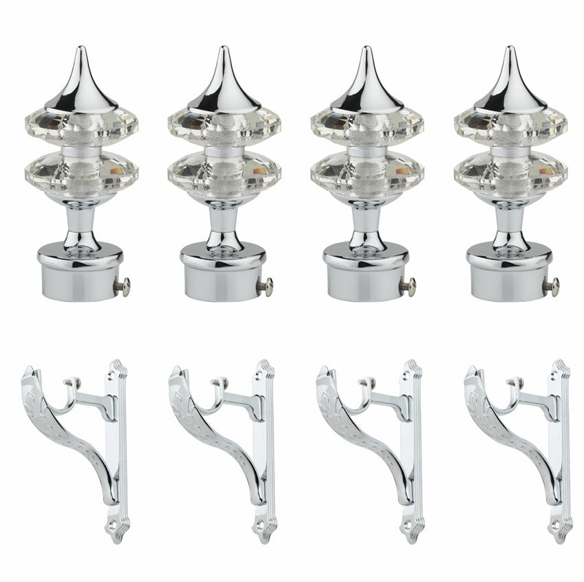 Gloxy Double Diamond Aluminium Curtain Rod Finials with Support– Silver 2 Pair