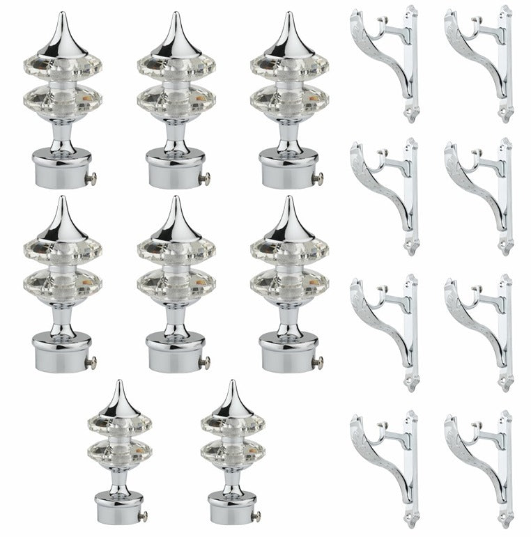 Gloxy Double Diamond Aluminium Curtain Rod Finials with Support– Silver 4 Pair