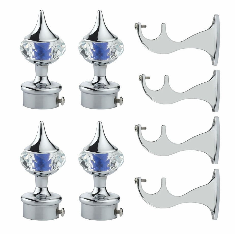 Gloxy Single Diamond Aluminium Curtain Rod Finials with Support– Blue 2 Pair