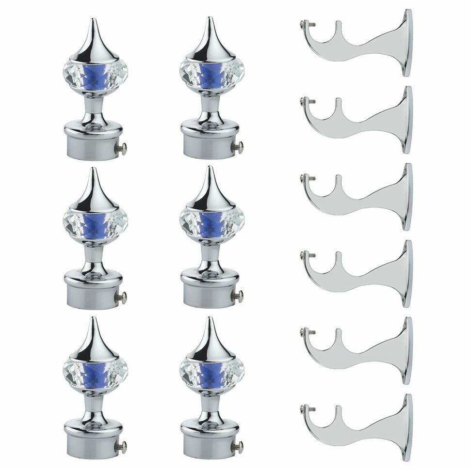 Gloxy Single Diamond Aluminium Curtain Rod Finials with Support– Blue 3 Pair