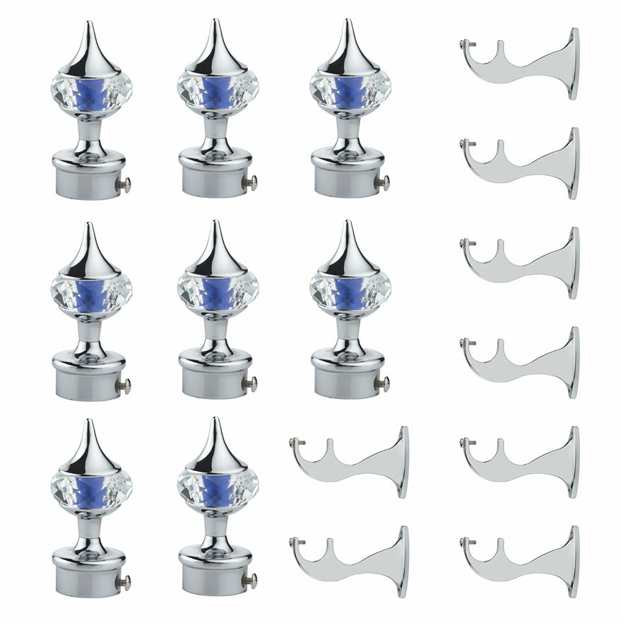 Gloxy Single Diamond Aluminium Curtain Rod Finials with Support– Blue 4 Pair