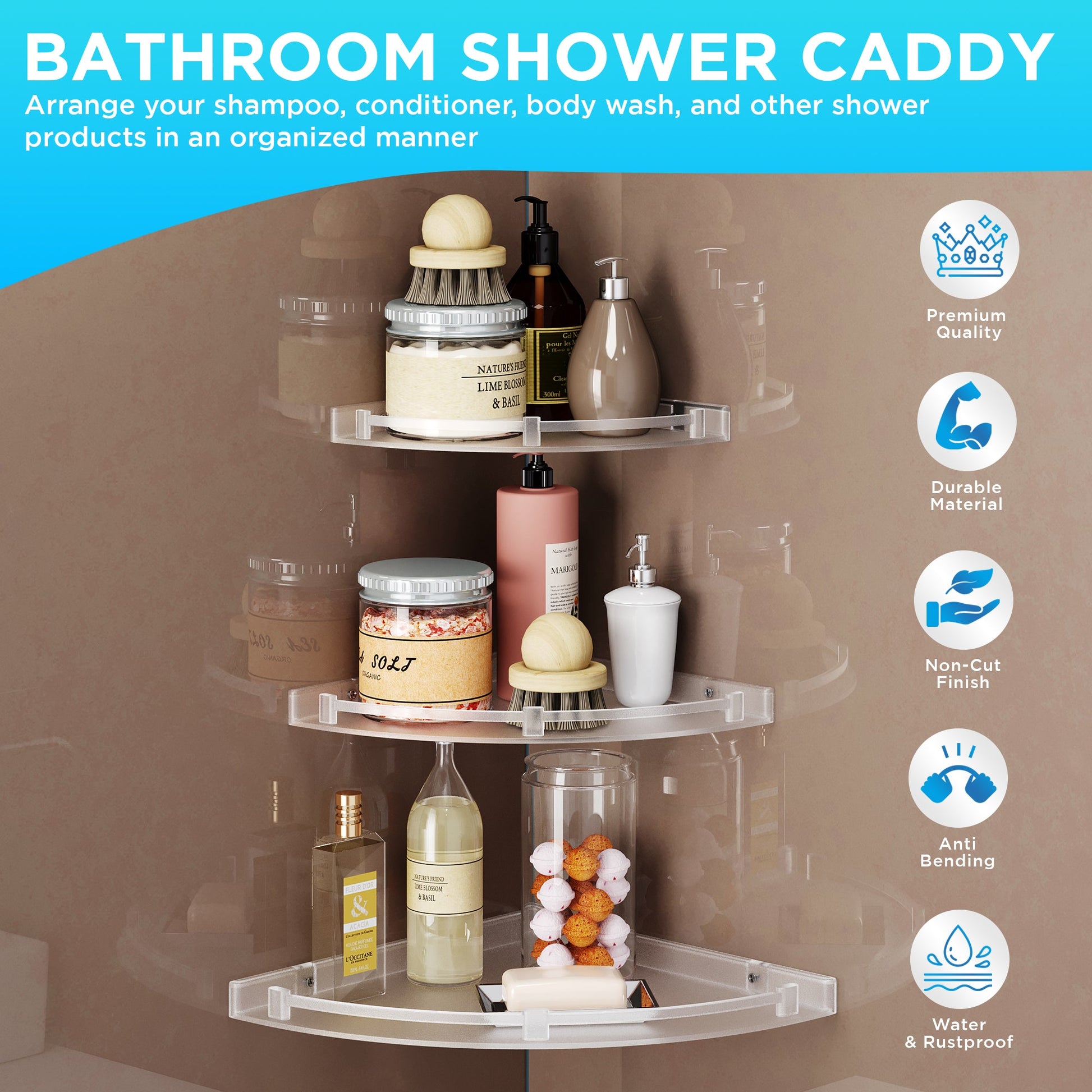 Gloxy Acrylic 3-Layer Matte Finish Bathroom Corner Organizer Wall Shelf