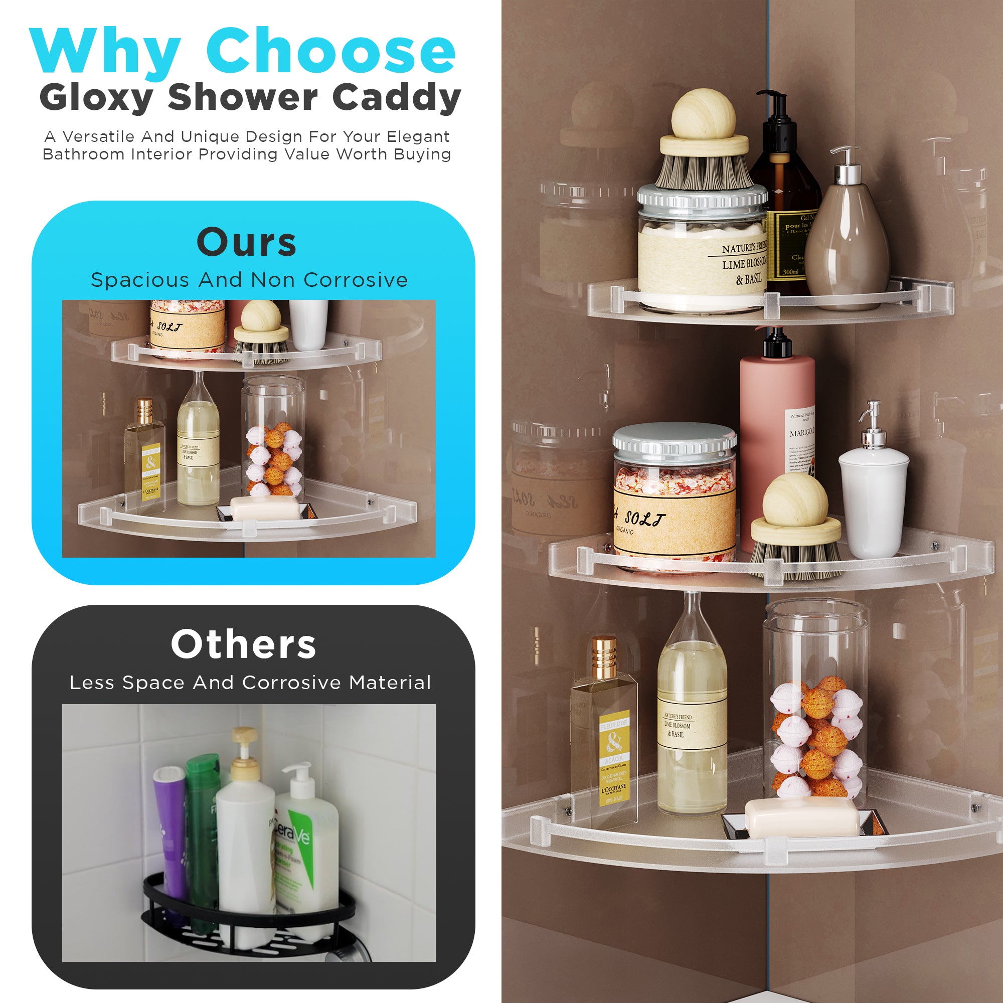 Gloxy Acrylic 3-Layer Matte Finish Bathroom Corner Organizer Wall Shelf