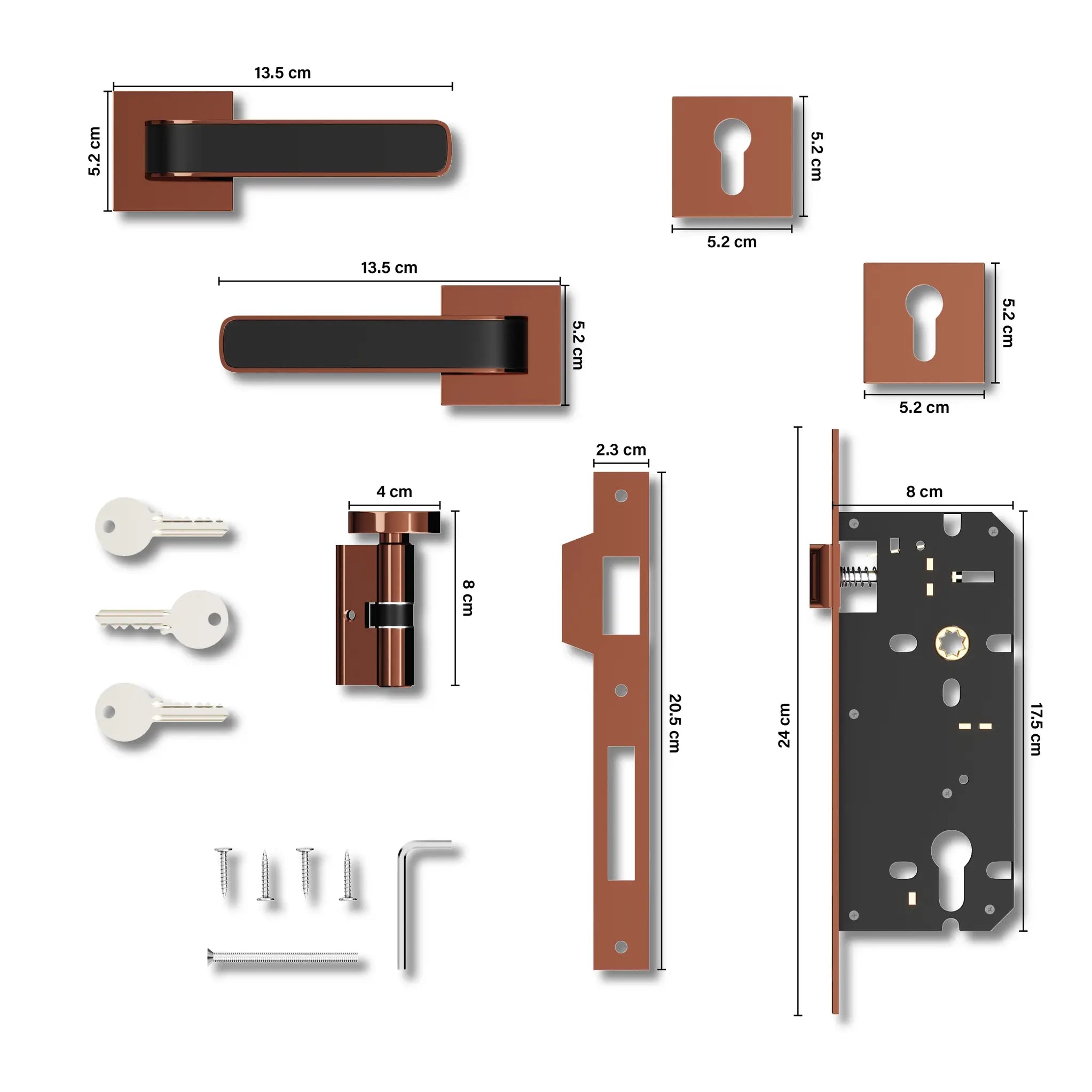 Gloxy Dorik Series Rose Gold Finish Mortise Main Door Key Lock With Handle