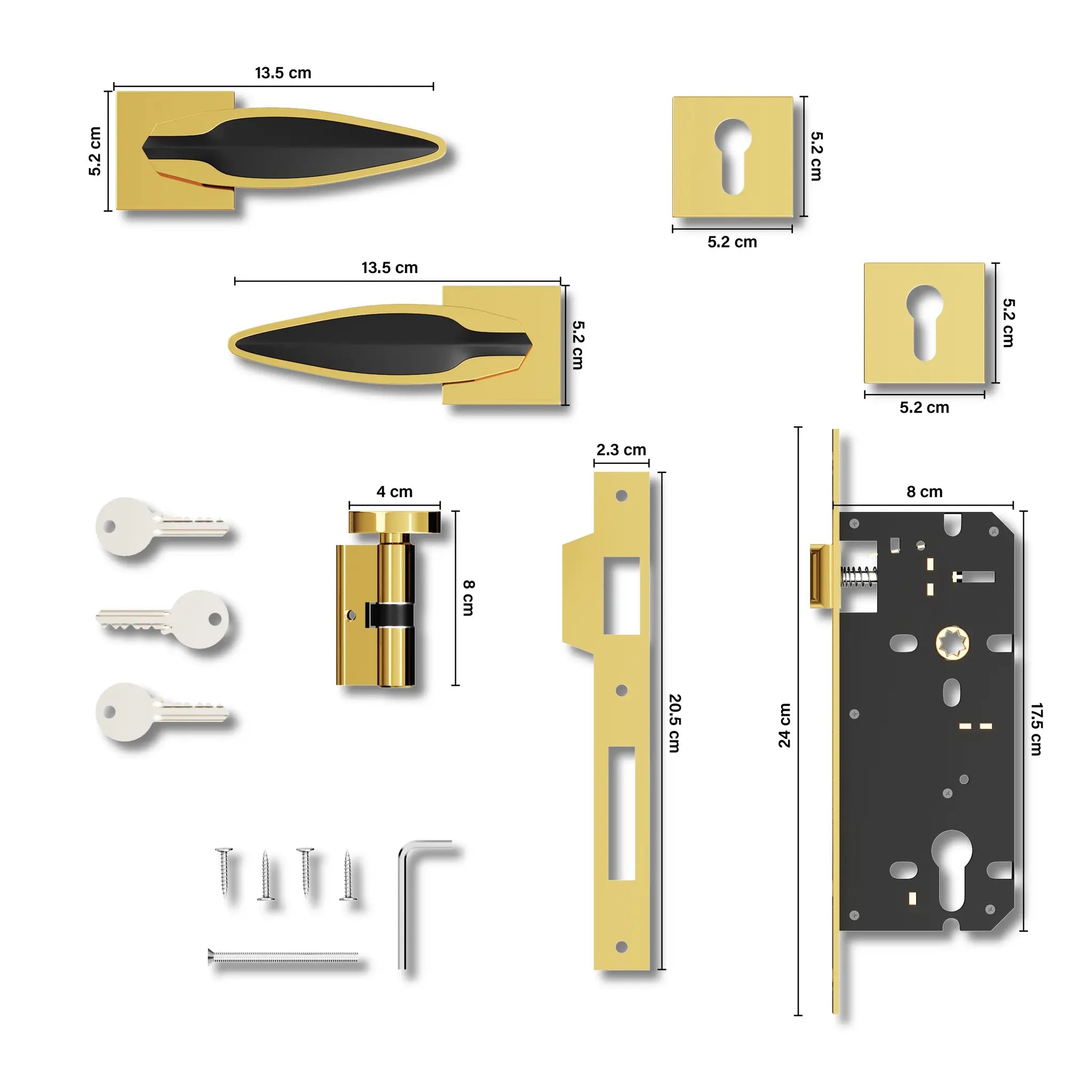 Gloxy Kavro Series Gold Finish Mortise Main Door Key Lock With Handle