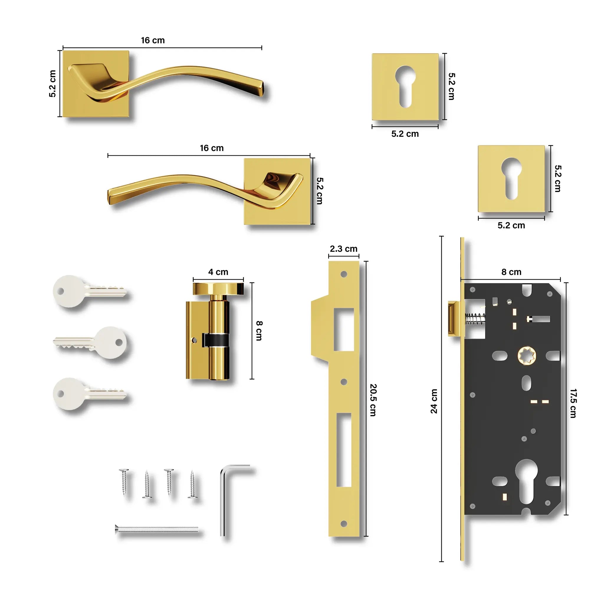 Gloxy Ronik Series Gold Finish Mortise Main Door key Lock With Handle