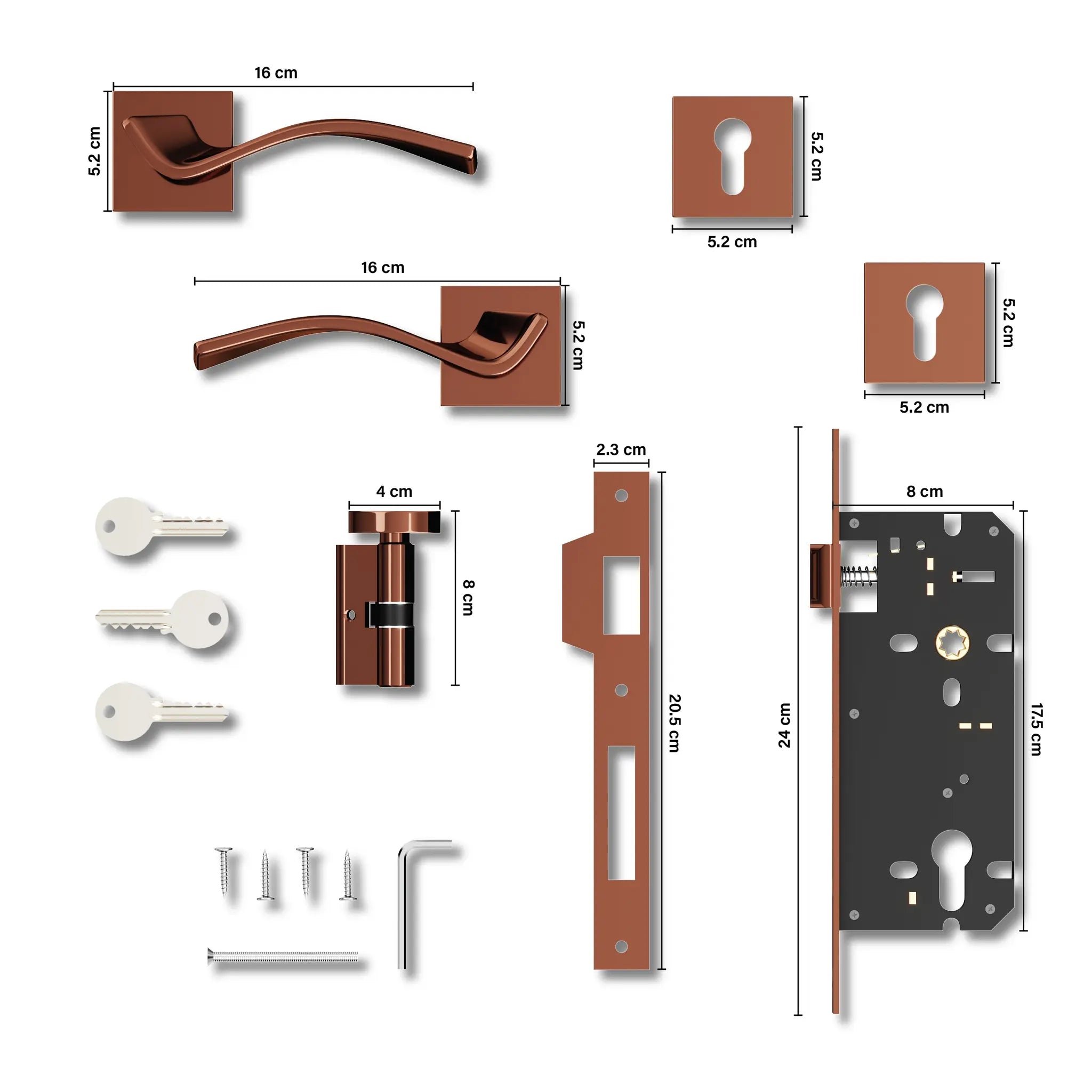 Gloxy Ronik Series Rose Gold Finish Mortise Main Door key Lock With Handle