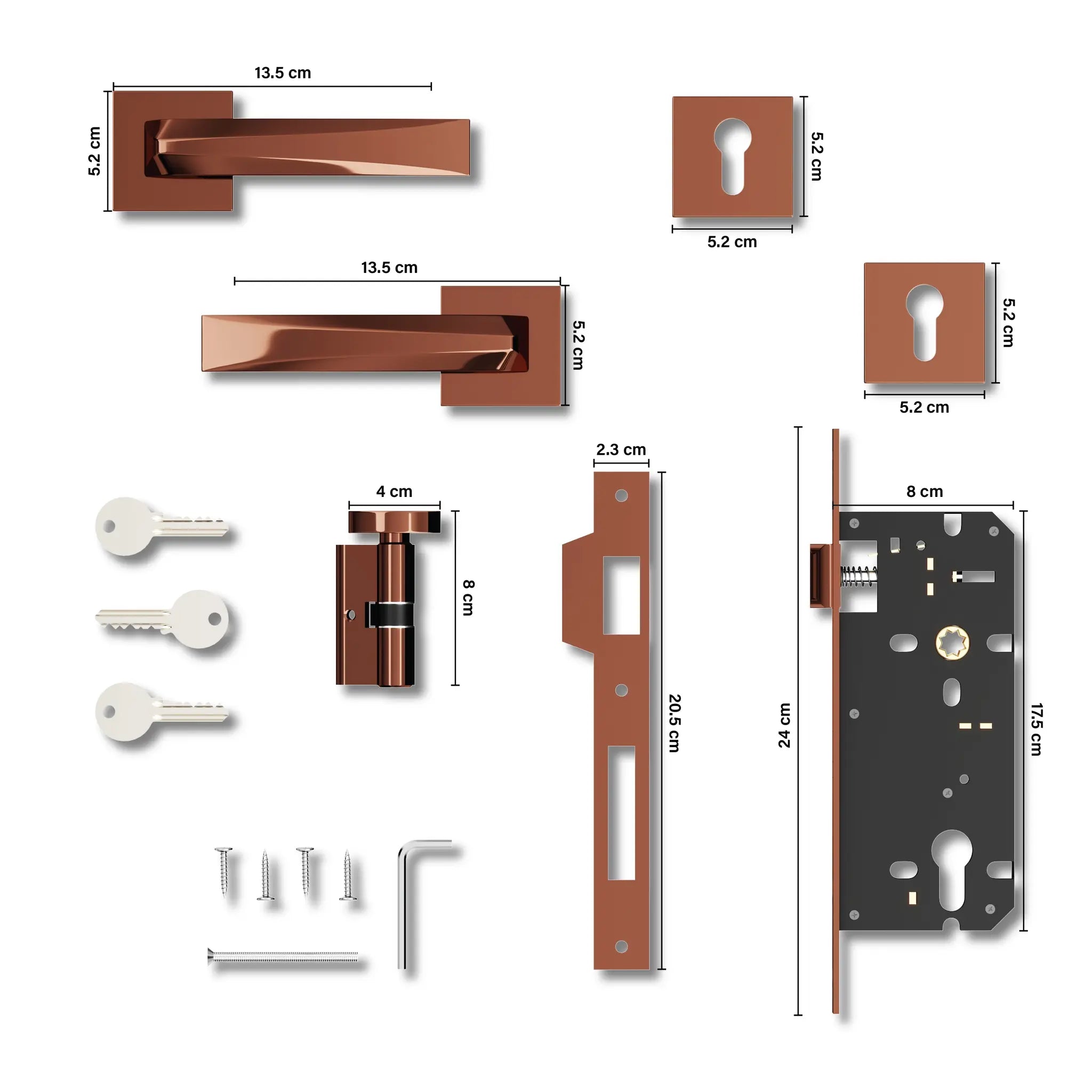 Gloxy Venlo Series Rose Gold Finish Mortise Main Door key Lock With Handle
