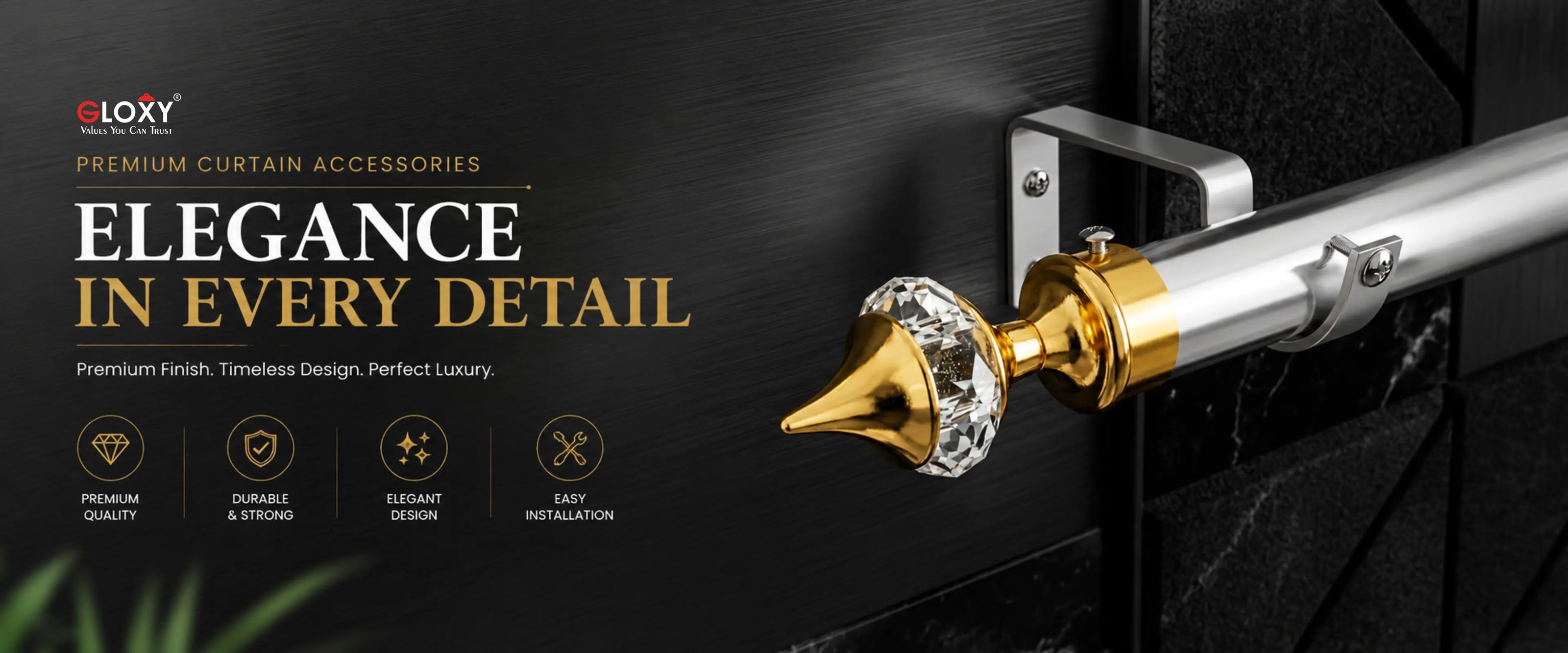 Elegance curtain rod finial and matching hardware shown mounted on a dark curtain panel. The product features a polished silver rod, a gold-finished bracket and finial body, and a clear faceted crystal cone tip.