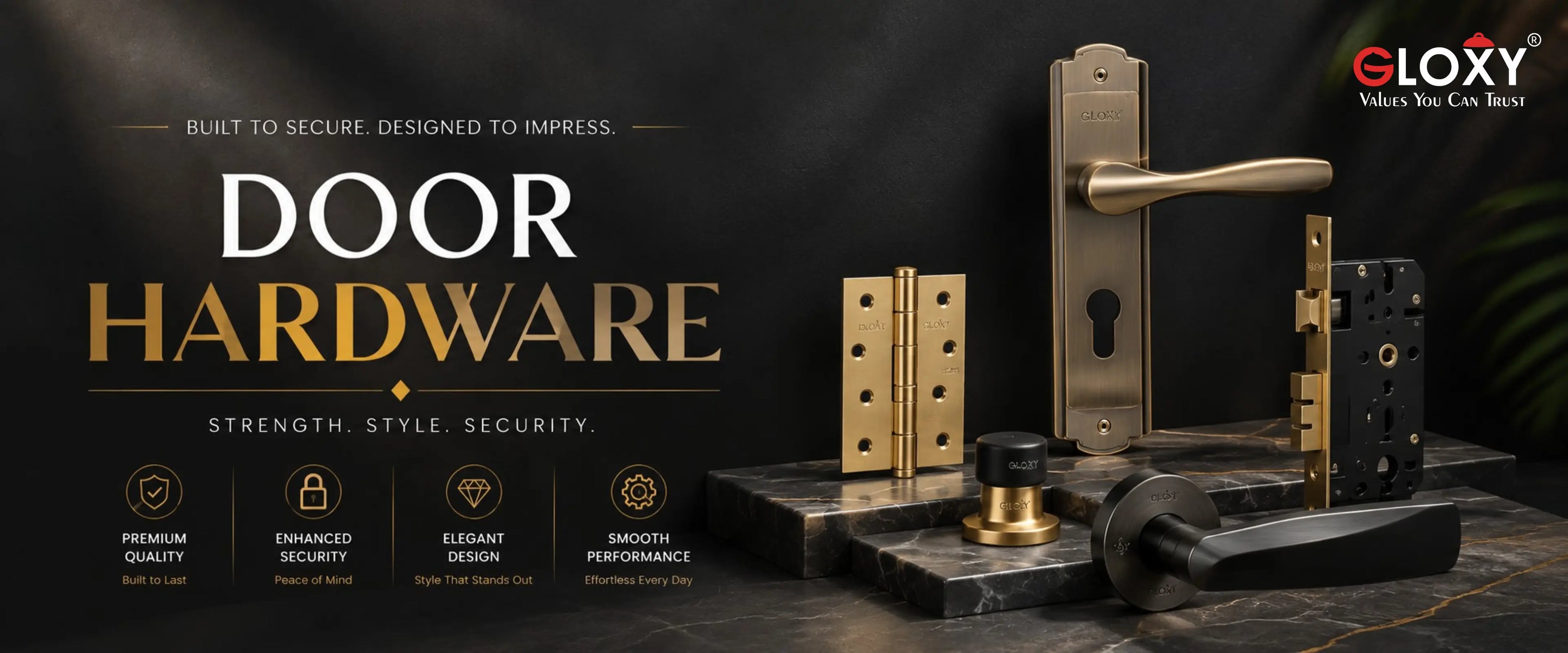 A set of luxury door hardware including a brass and bronze lever handle, hinges, lock cylinder, and latch mechanism, displayed on a dark marble pedestal against a dark background with the brand logo 'eLOXY' and marketing text.