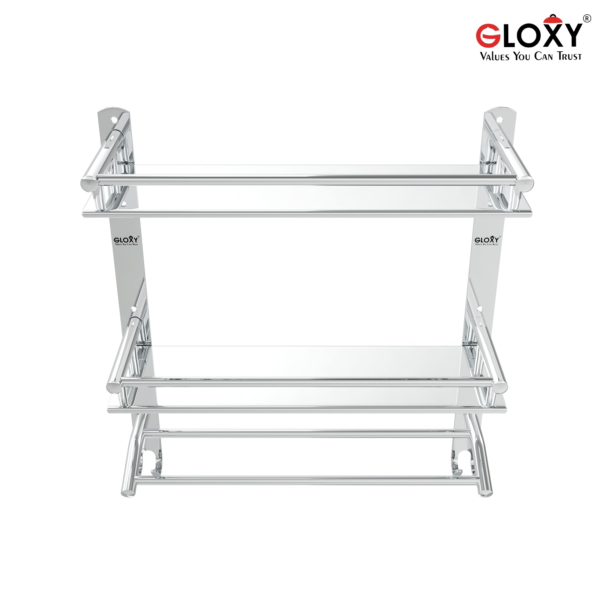 Gloxy Stainless Steel 3-Layer Chrome Finish Bathroom Shelf with Towel Rod & Hooks