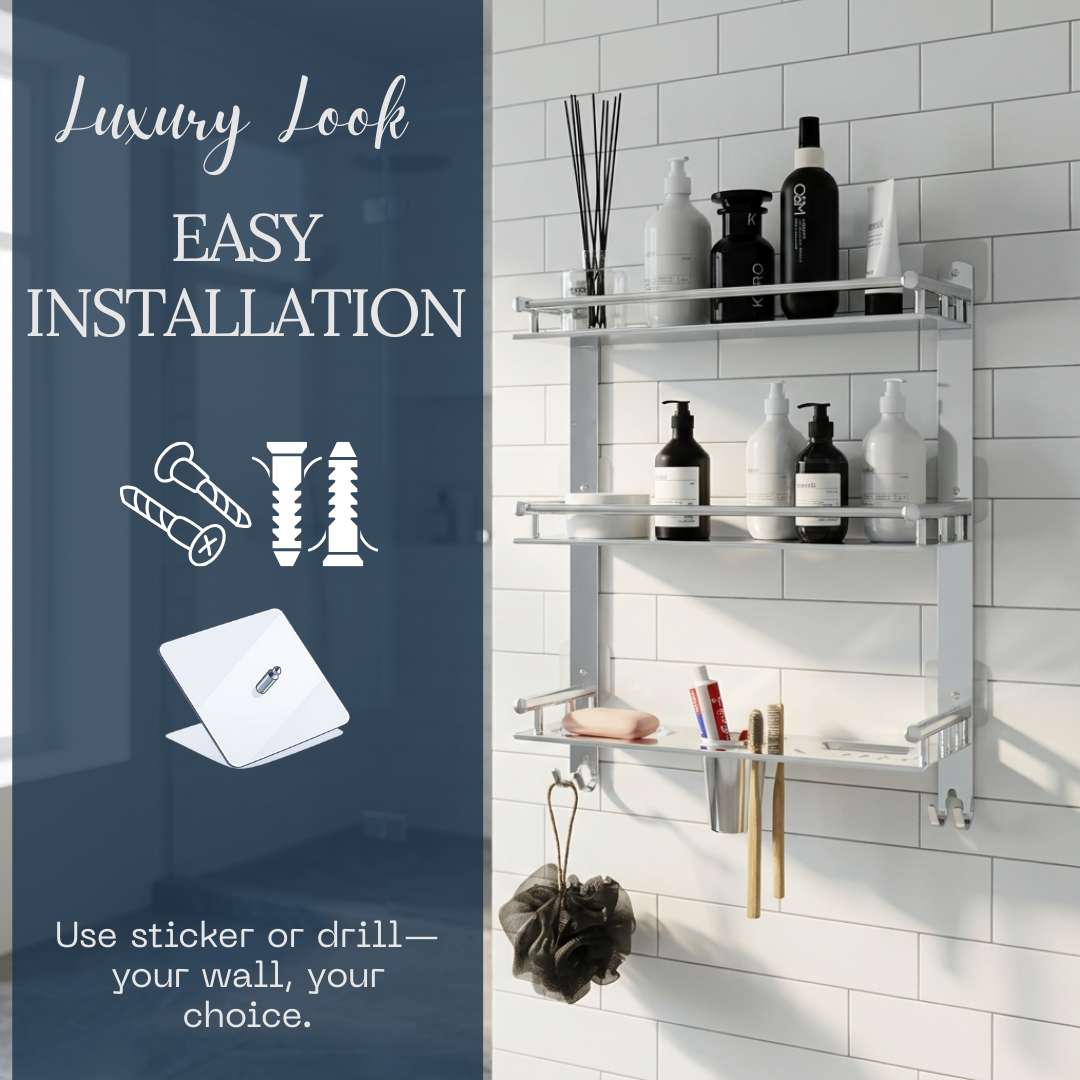 Rectangular Shape Stainless Steel Magic Sticker Shelf Adhesive Anti Rust 3 Layer Multipurpose Bathroom Shelf (15 x 5 x 19 inch, Silver)-by GLOXY®