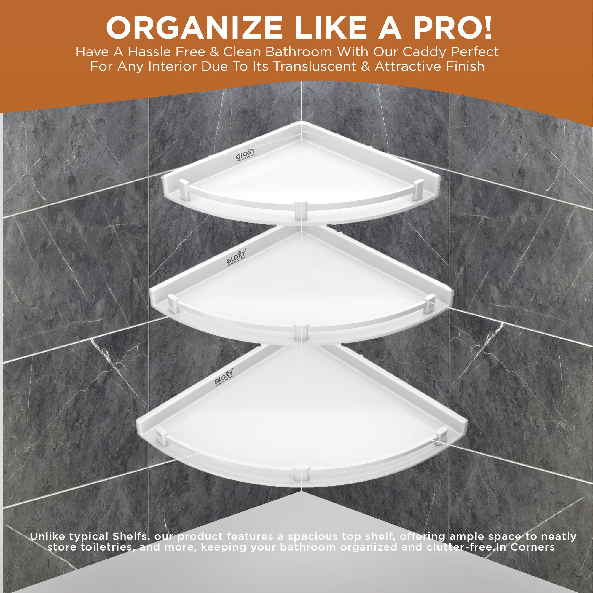 GLOXY® Unbreakable Corner Wall Shelf Set - 3 Sizes (7", 9", 11") for Bathroom & Living Room - Space-Saving Organizer