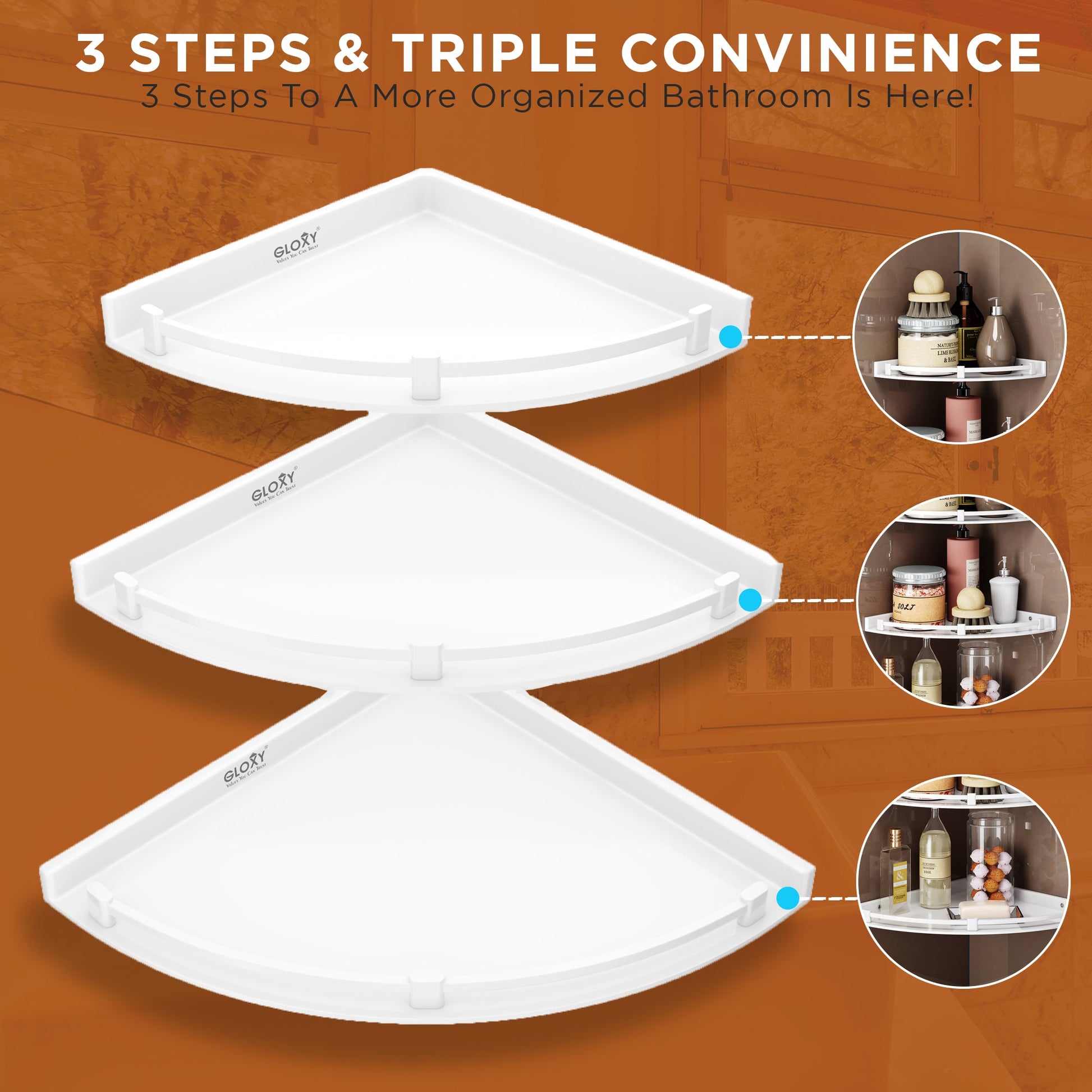 GLOXY® Unbreakable Corner Wall Shelf Set - 3 Sizes (7", 9", 11") for Bathroom & Living Room - Space-Saving Organizer