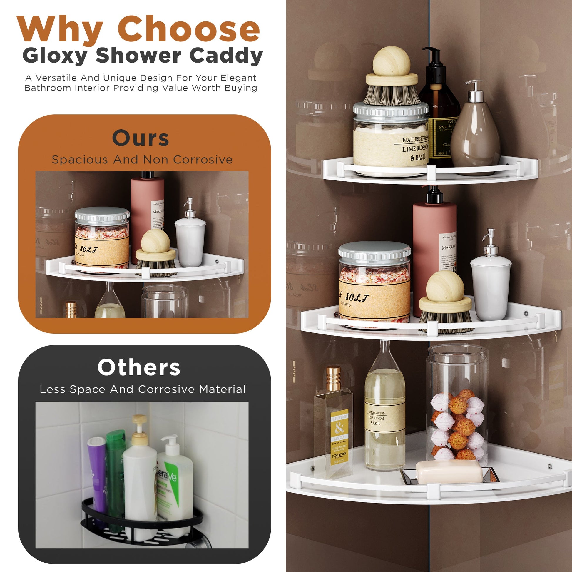 GLOXY® Unbreakable Corner Wall Shelf Set - 3 Sizes (7", 9", 11") for Bathroom & Living Room - Space-Saving Organizer