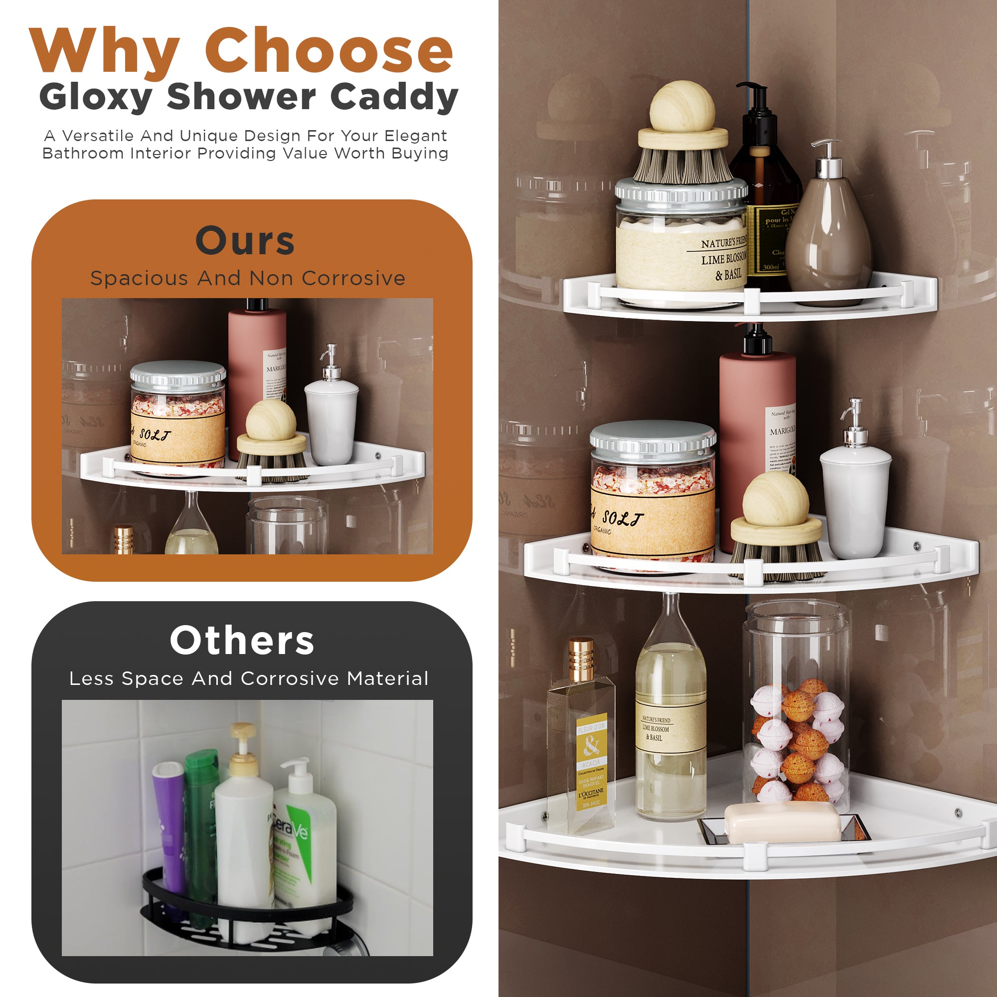 GLOXY® Unbreakable Corner Wall Shelf Set - 3 Sizes (7", 9", 11") for Bathroom & Living Room - Space-Saving Organizer