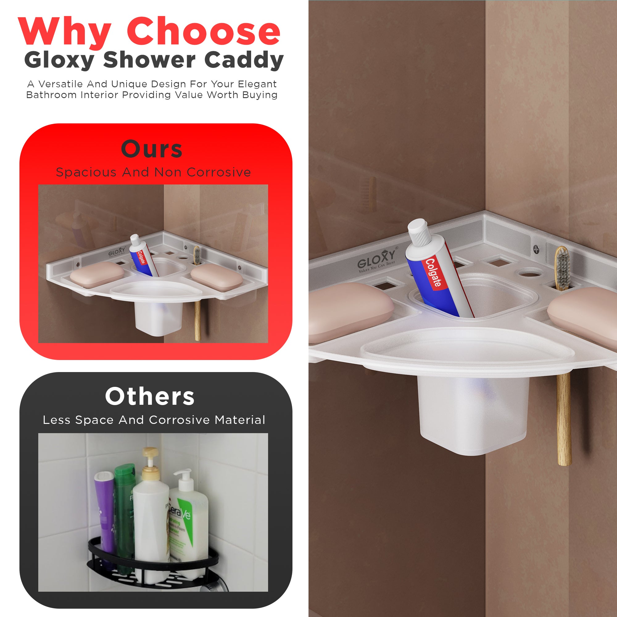 GLOXY® Unbreakable Corner Soap Dish with Toothbrush & Tumbler Holder - Bathroom Accessory.