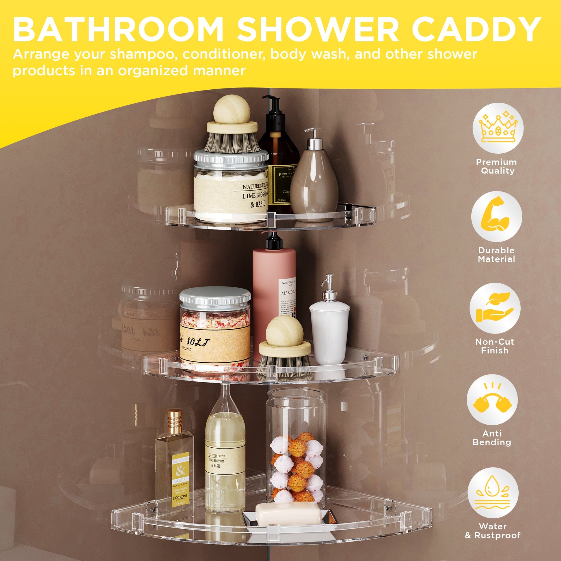 Unbreakable Transparent ABS Acrylic Corner Organizer Shelf 3 Pieces Set for Bathroom & Living Room Storage
