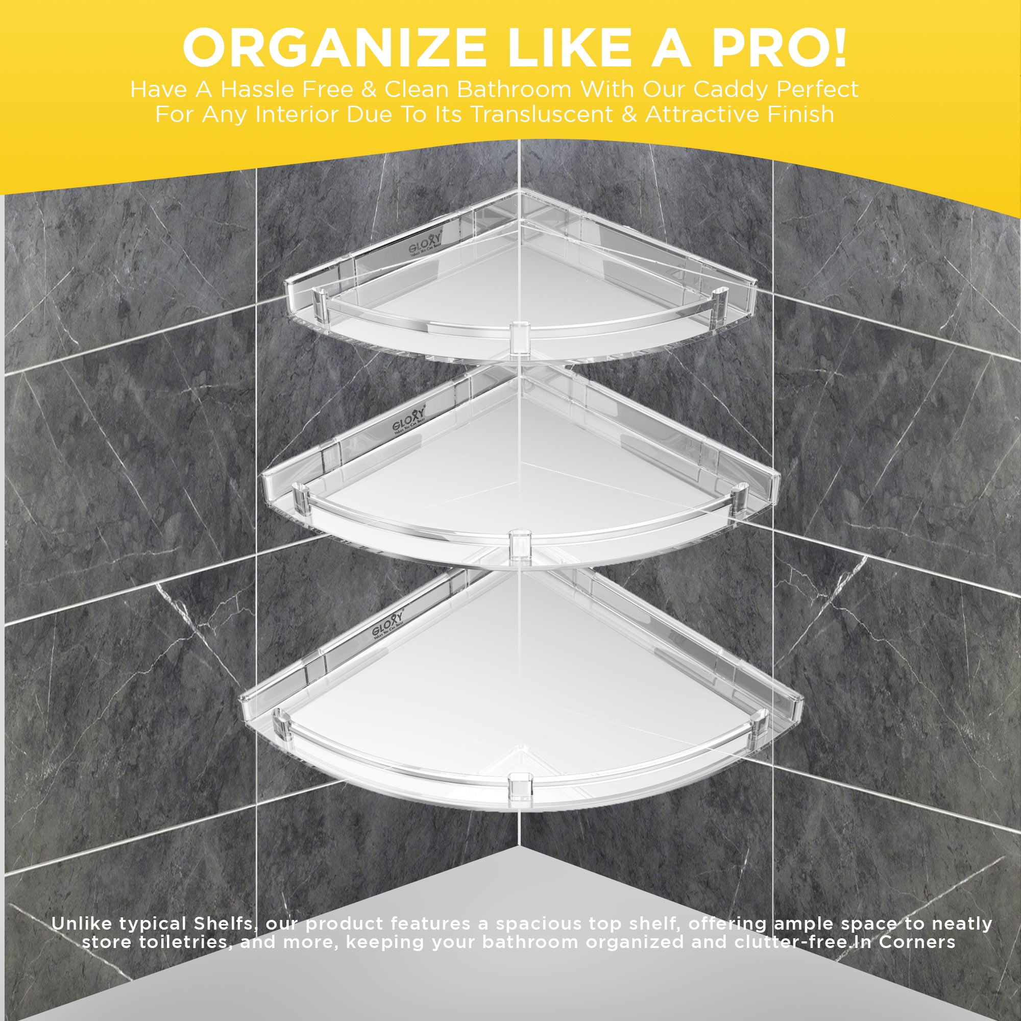 Unbreakable Transparent ABS Acrylic Corner Organizer Shelf 3 Pieces Set for Bathroom & Living Room Storage