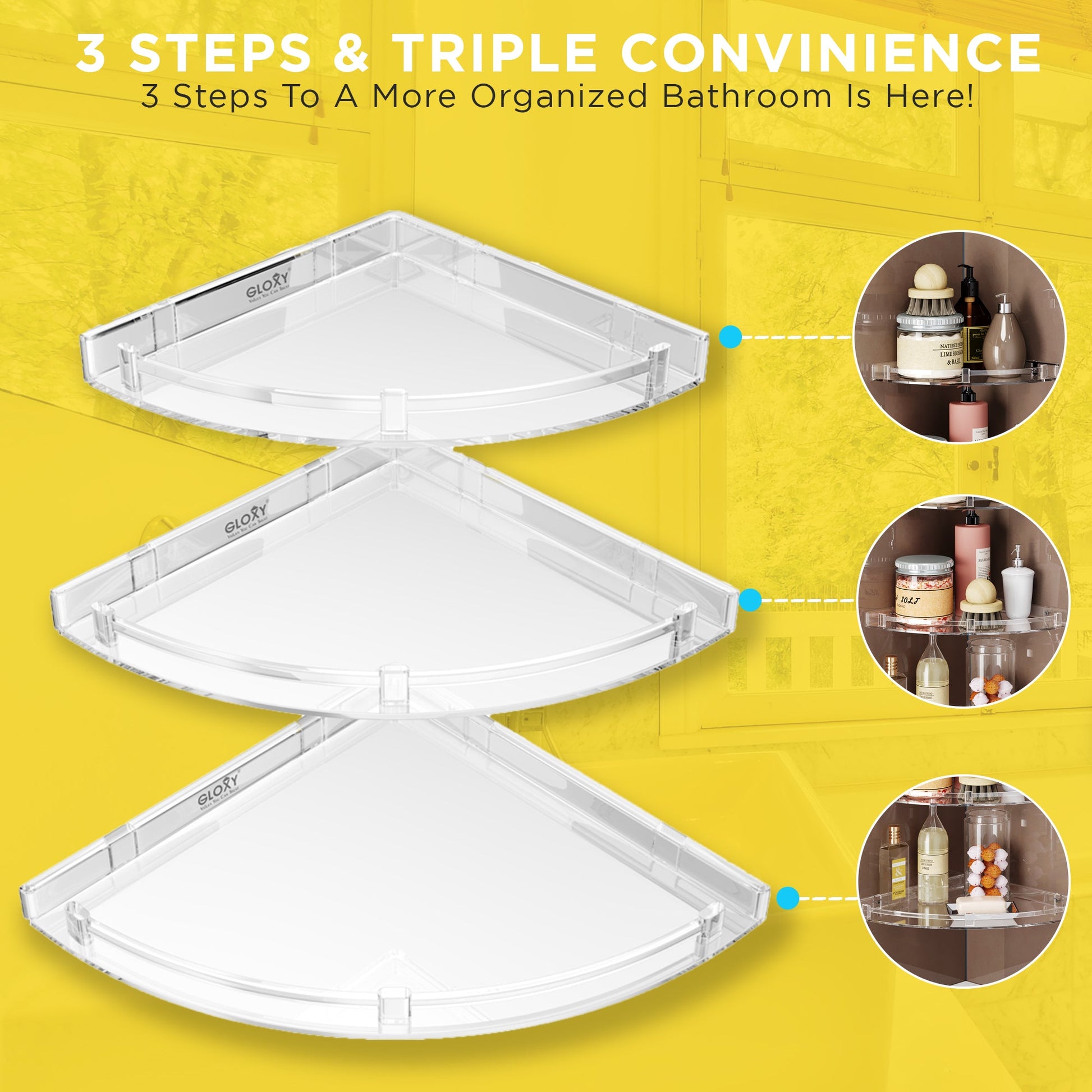 Unbreakable Transparent ABS Acrylic Corner Organizer Shelf 3 Pieces Set for Bathroom & Living Room Storage