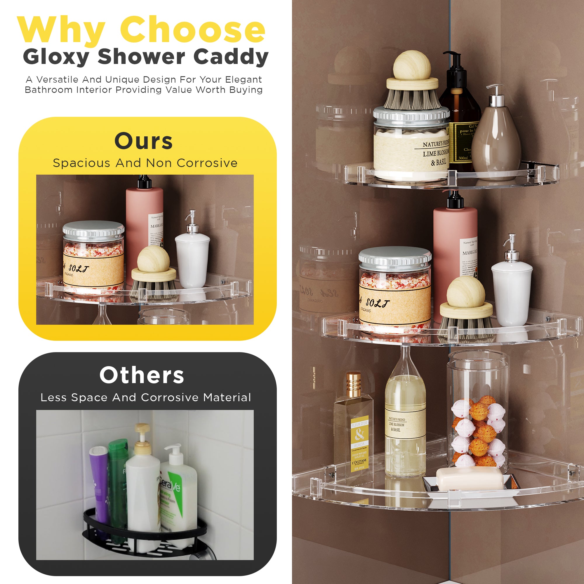 Unbreakable Transparent ABS Acrylic Corner Organizer Shelf 3 Pieces Set for Bathroom & Living Room Storage