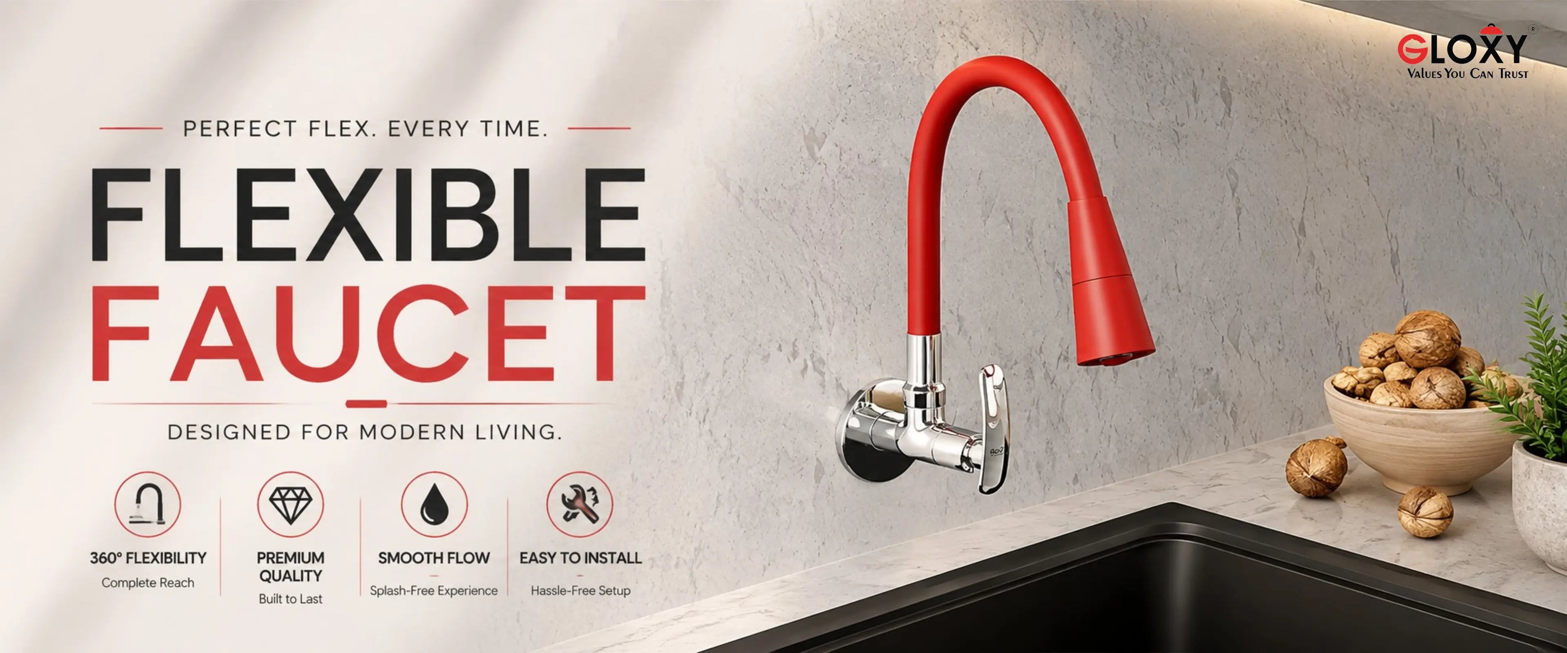 A red flexible gooseneck faucet mounted on a kitchen counter next to a sink, with promotional text reading 'FLEXIBLE FAUCET' and the ELOXY brand logo in the top right.