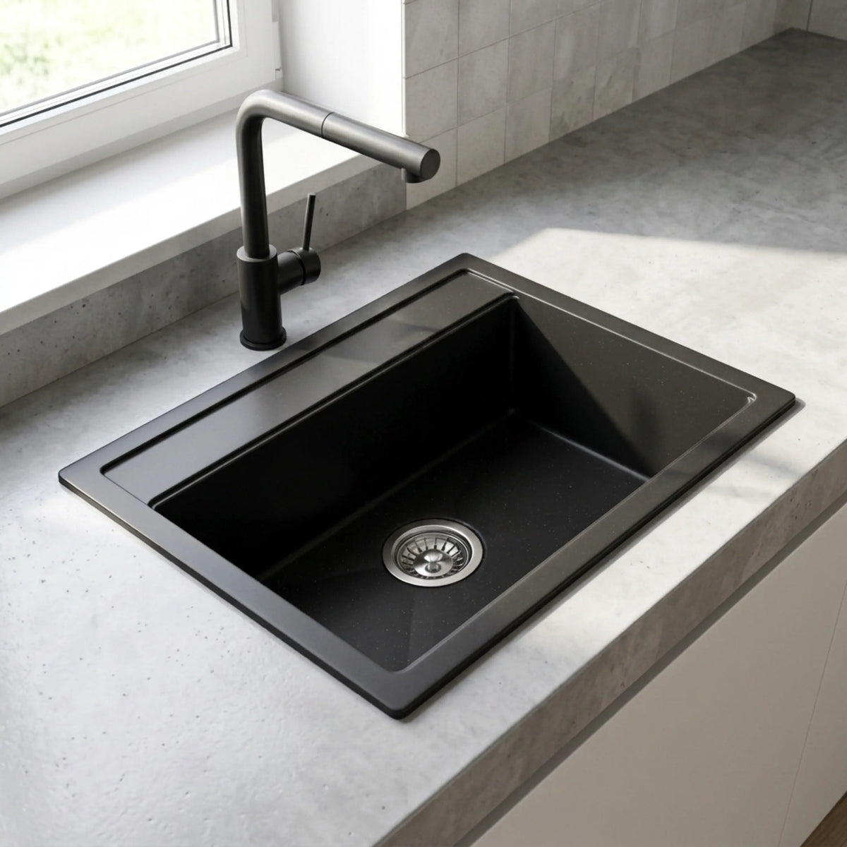 Gloxy Premium Granite Quartz Kitchen Sink 16" x 18" x 9" - Black Matte Finish