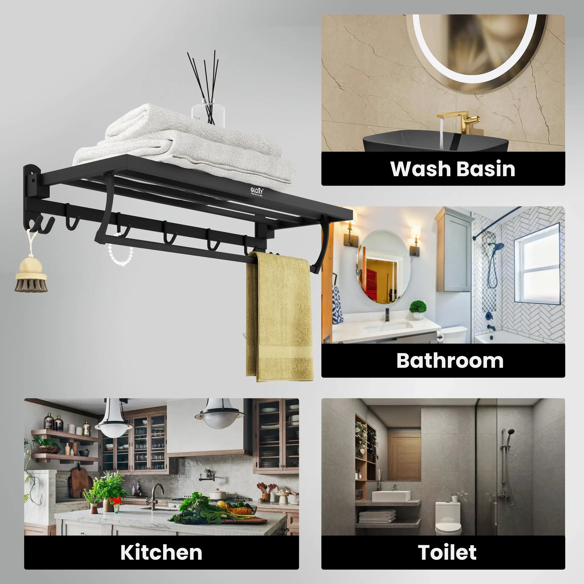 Gloxy Stainless Steel Black Finsih Folding Bar Bath Towel Rack with Hook-24 Inch