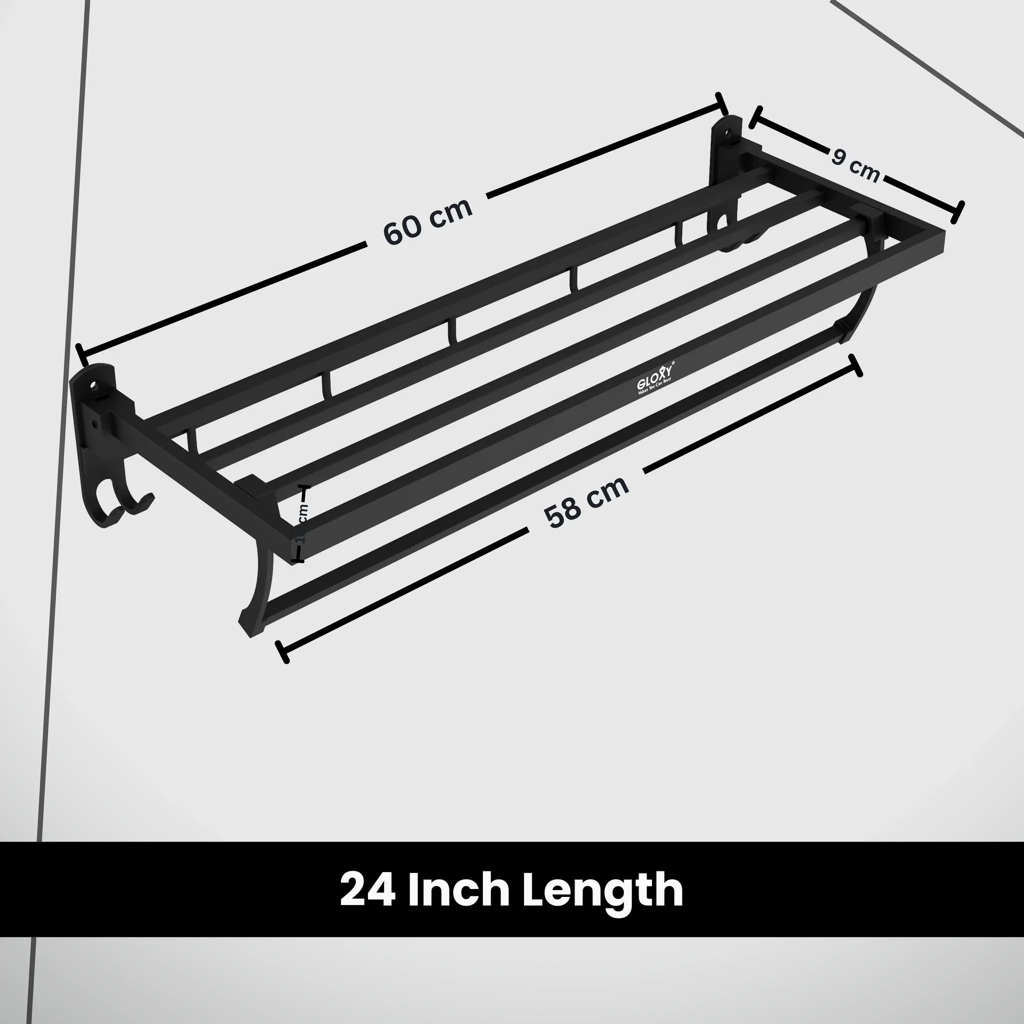 Gloxy Stainless Steel Black Finsih Folding Bar Bath Towel Rack with Hook-24 Inch