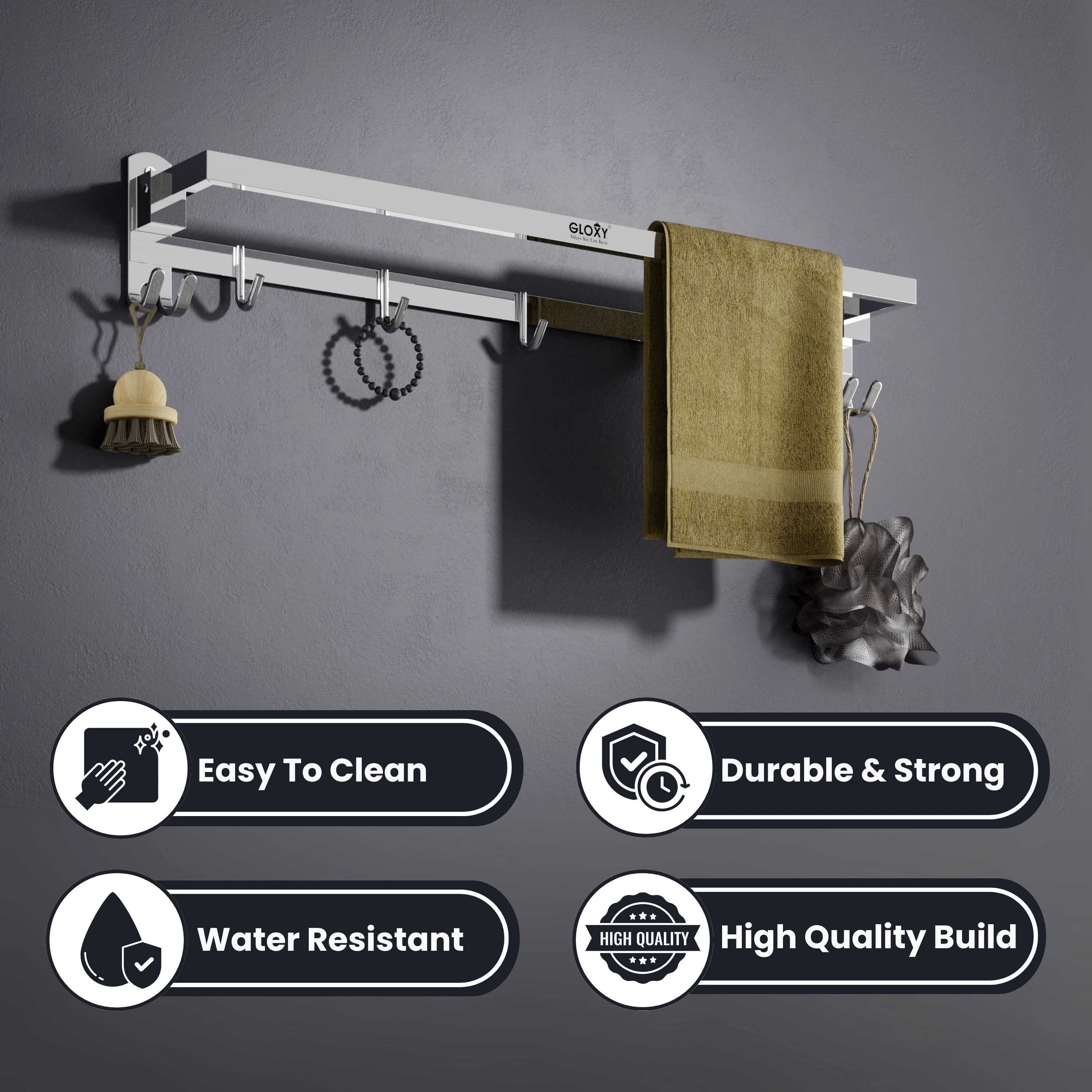 Gloxy Rectangular Shape Chrome Finish Folding Stainless Steel Towel Bar with Hooks – 24 Inch