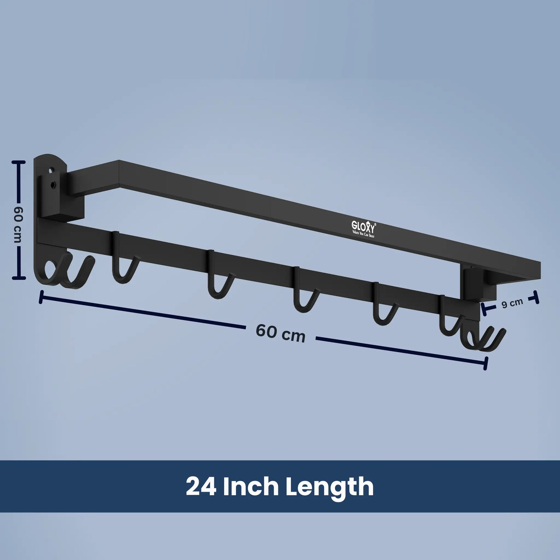 Gloxy Rectangular Shape Stainless Steel Black Finish Folding Towel Bars And Hooks – 24 Inch