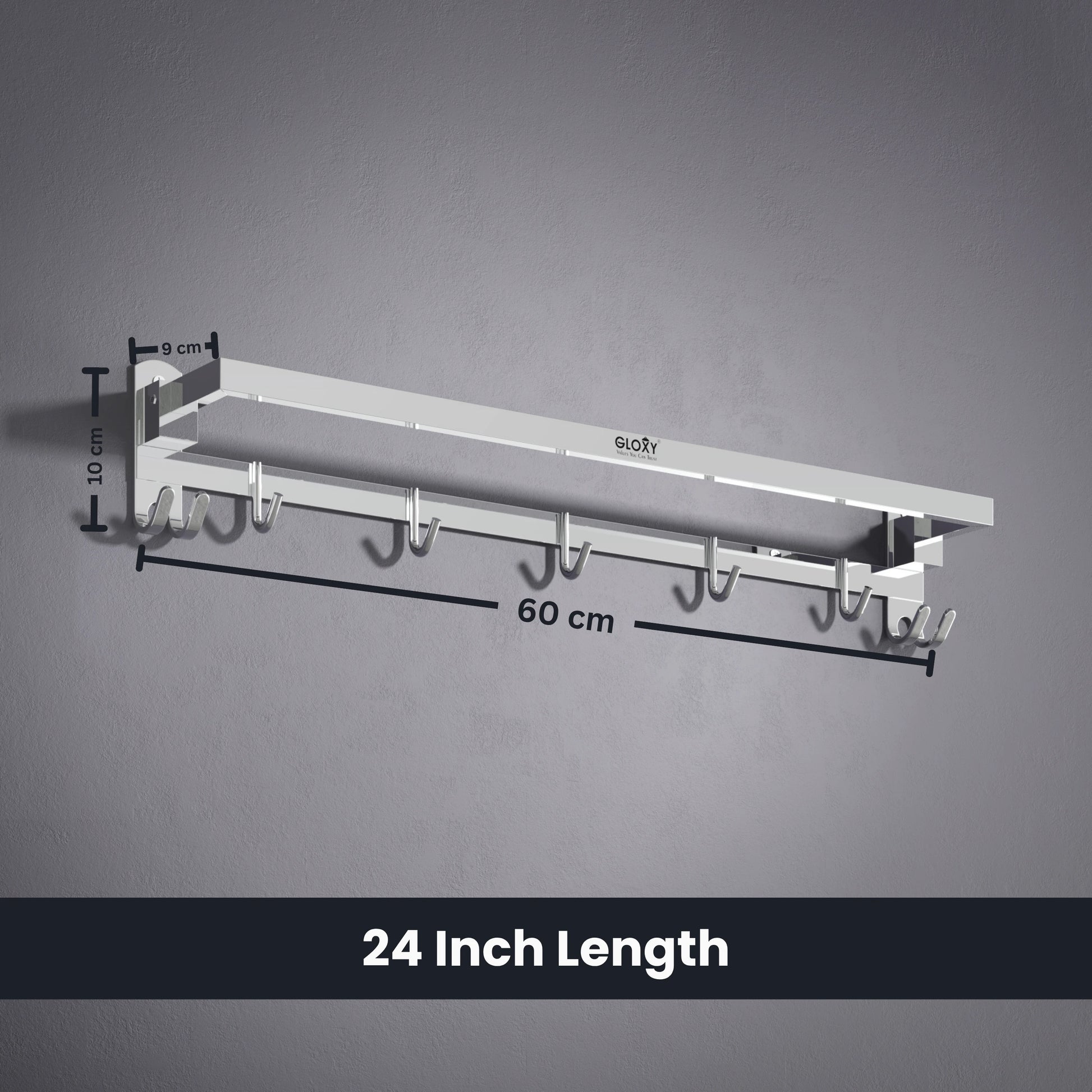 Gloxy Rectangular Shape Chrome Finish Folding Stainless Steel Towel Bar with Hooks – 24 Inch