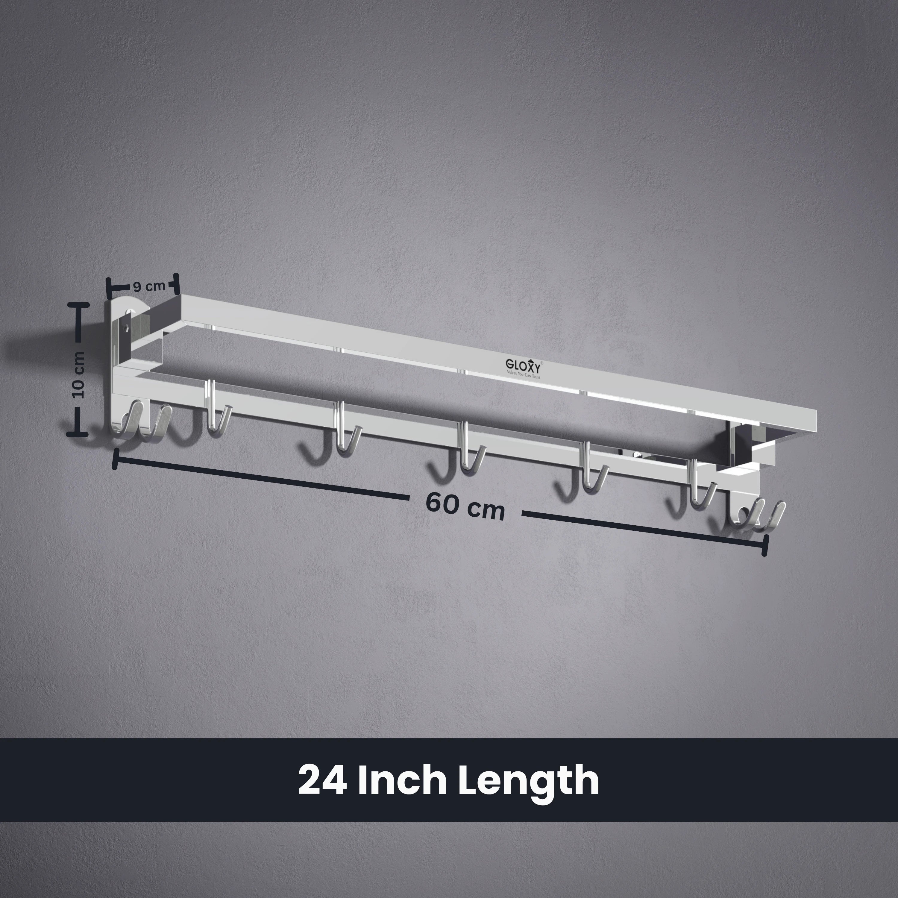 Gloxy Rectangular Shape Chrome Finish Folding Stainless Steel Towel Bar with Hooks – 24 Inch