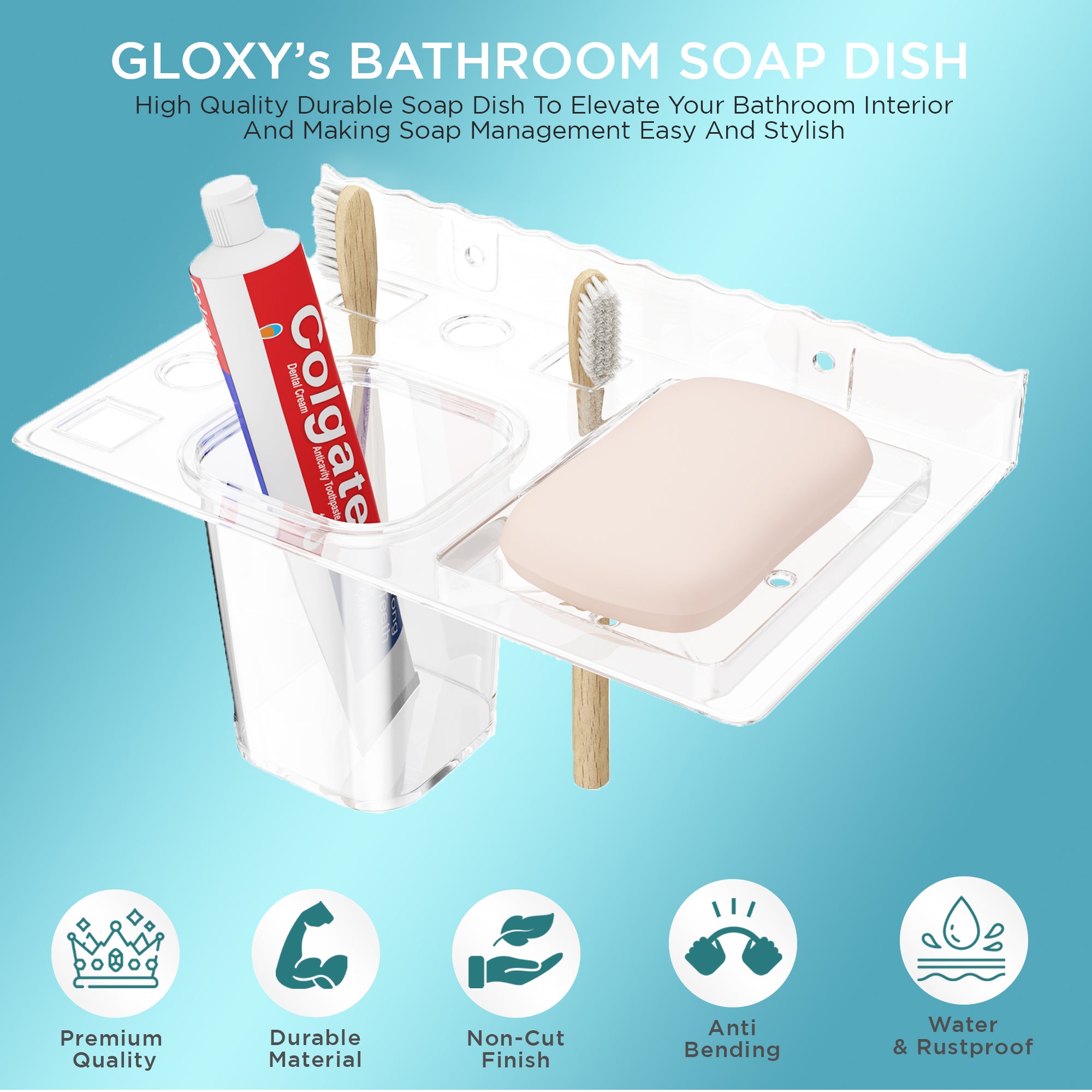 GLOXY® Unbreakable transparent Soap Dish with Toothbrush & Tumbler Holder Shelf - Stylish Bathroom Accessories.