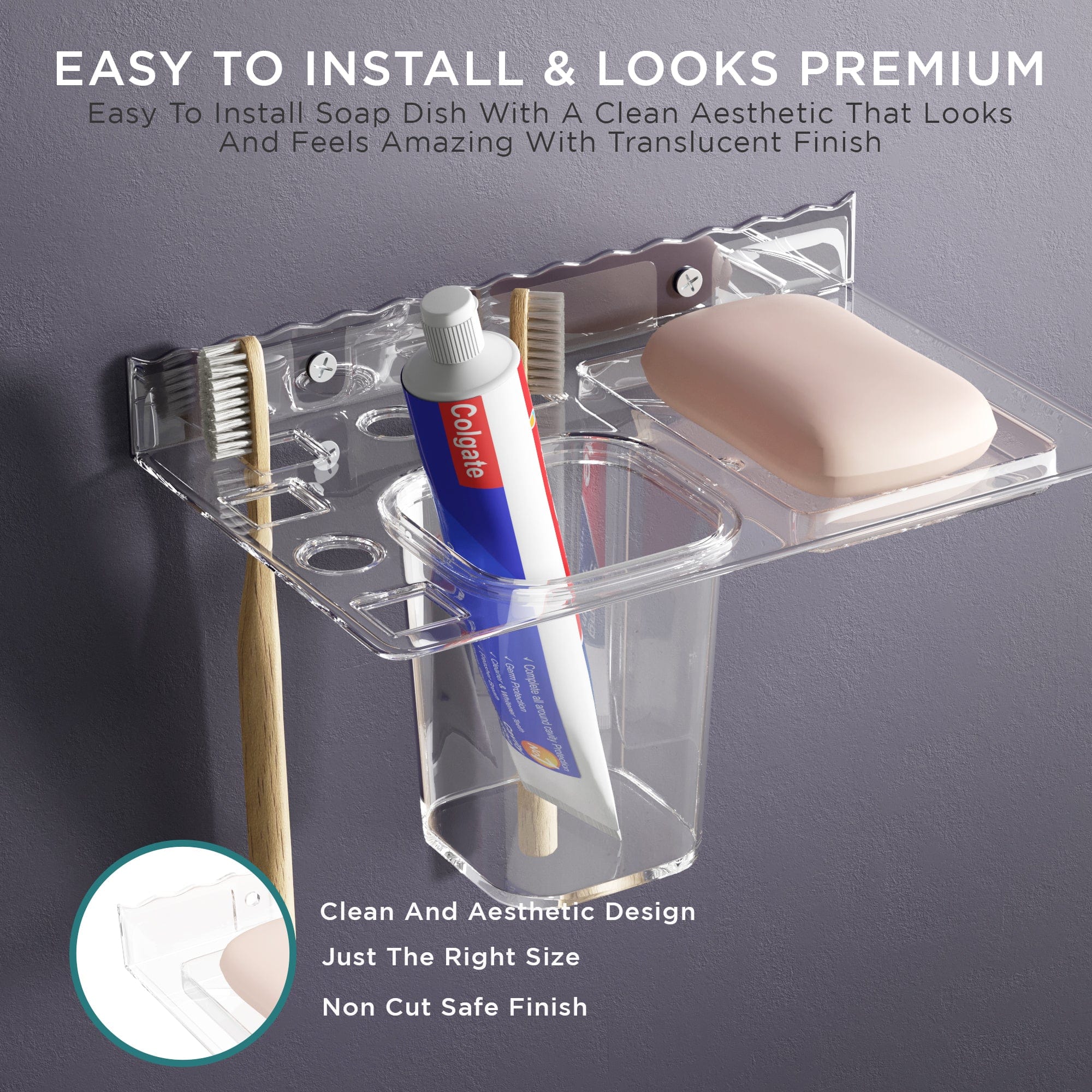 GLOXY® Unbreakable transparent Soap Dish with Toothbrush & Tumbler Holder Shelf - Stylish Bathroom Accessories.